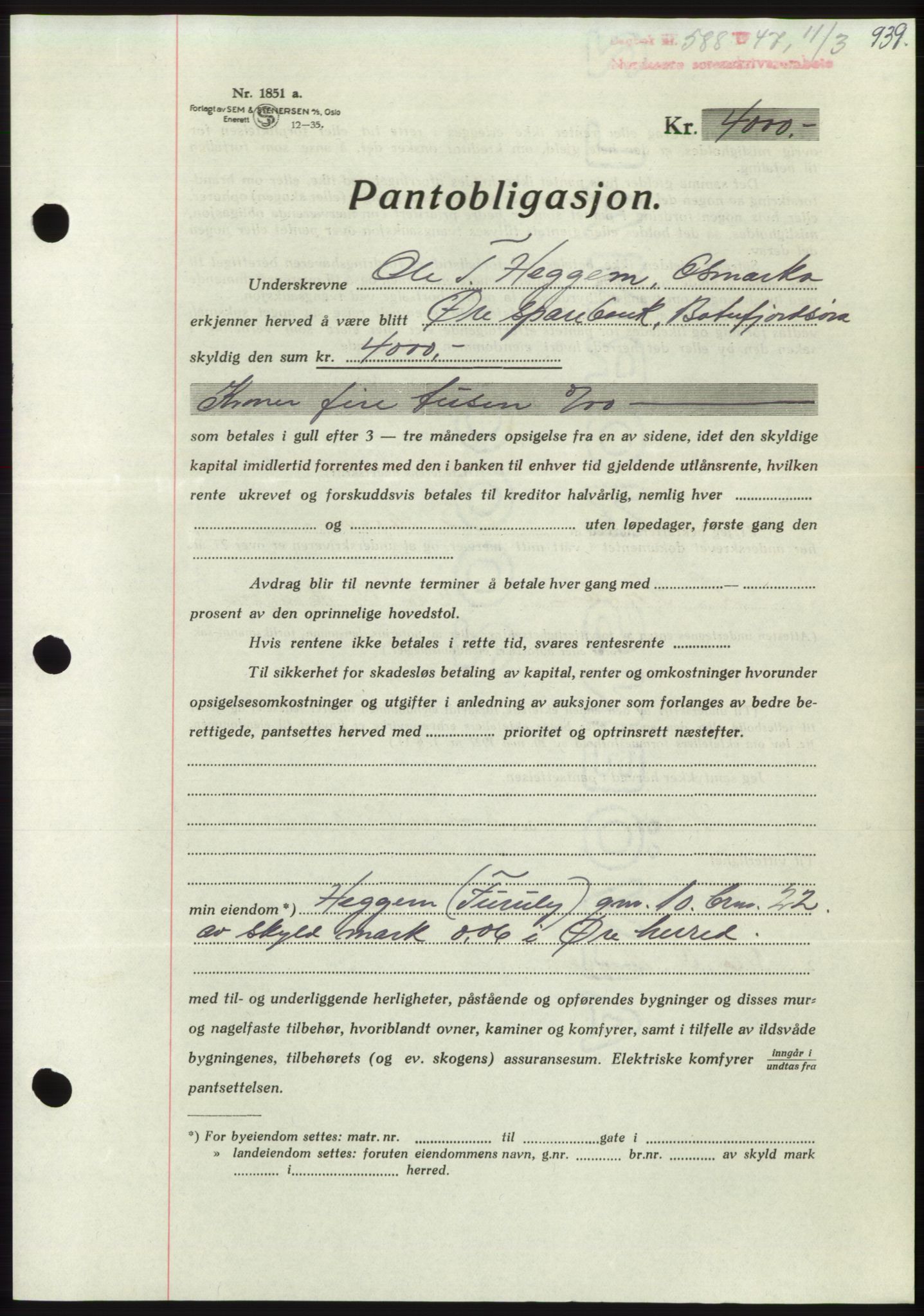 Nordmøre sorenskriveri, AV/SAT-A-4132/1/2/2Ca: Mortgage book no. B95, 1946-1947, Diary no: : 588/1947