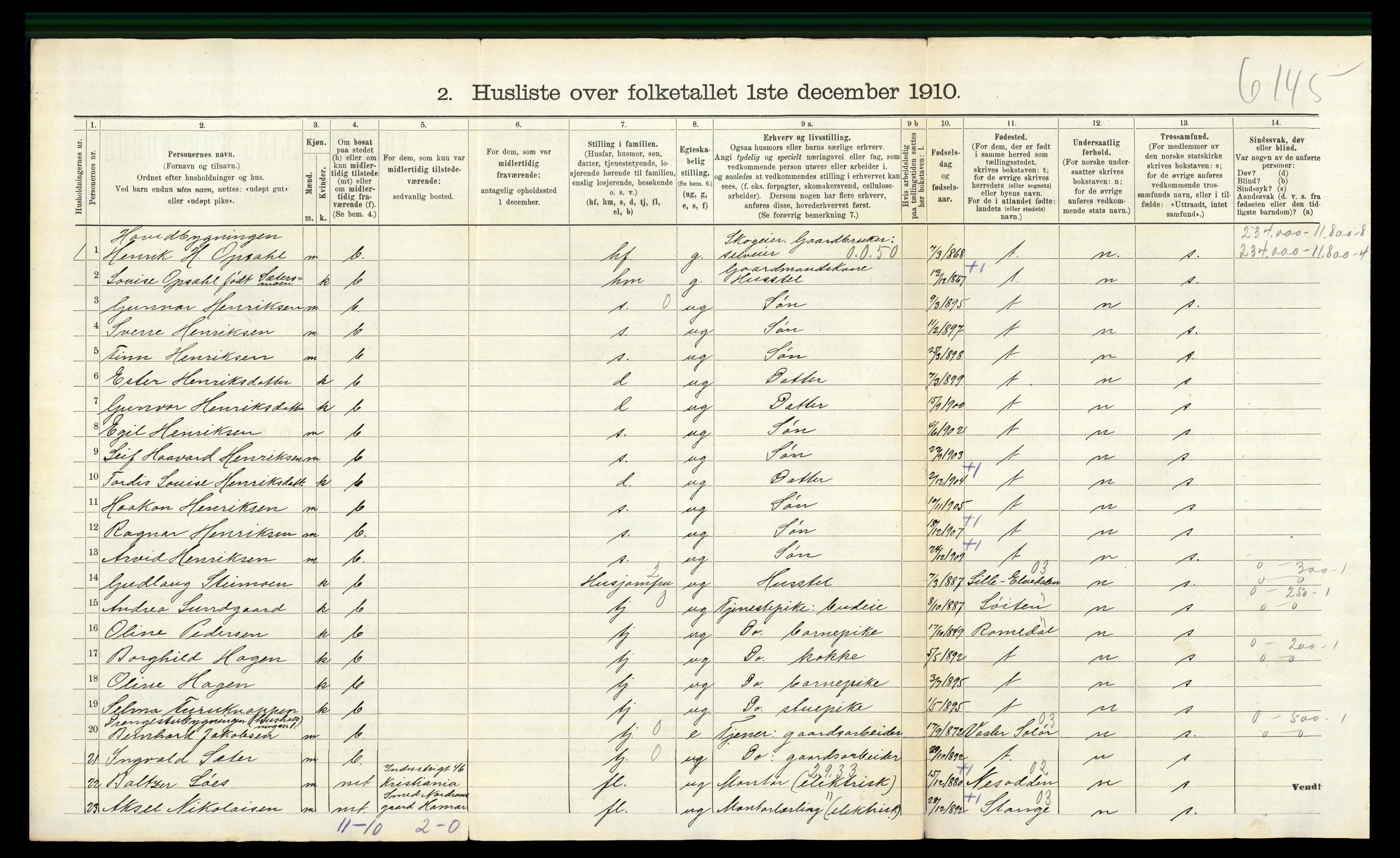 RA, 1910 census for Elverum, 1910, p. 1308