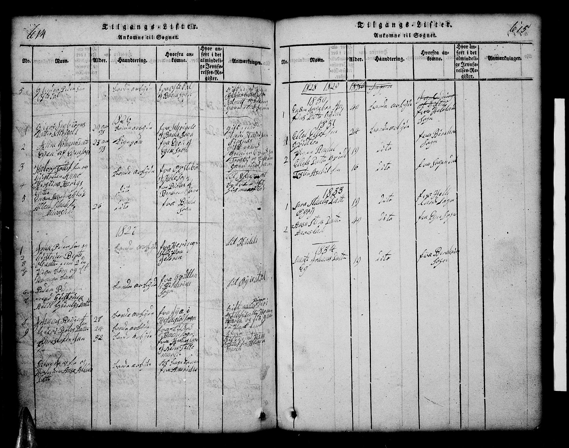 Sirdal sokneprestkontor, SAK/1111-0036/F/Fb/Fbb/L0001: Parish register (copy) no. B 1, 1815-1834, p. 614-615