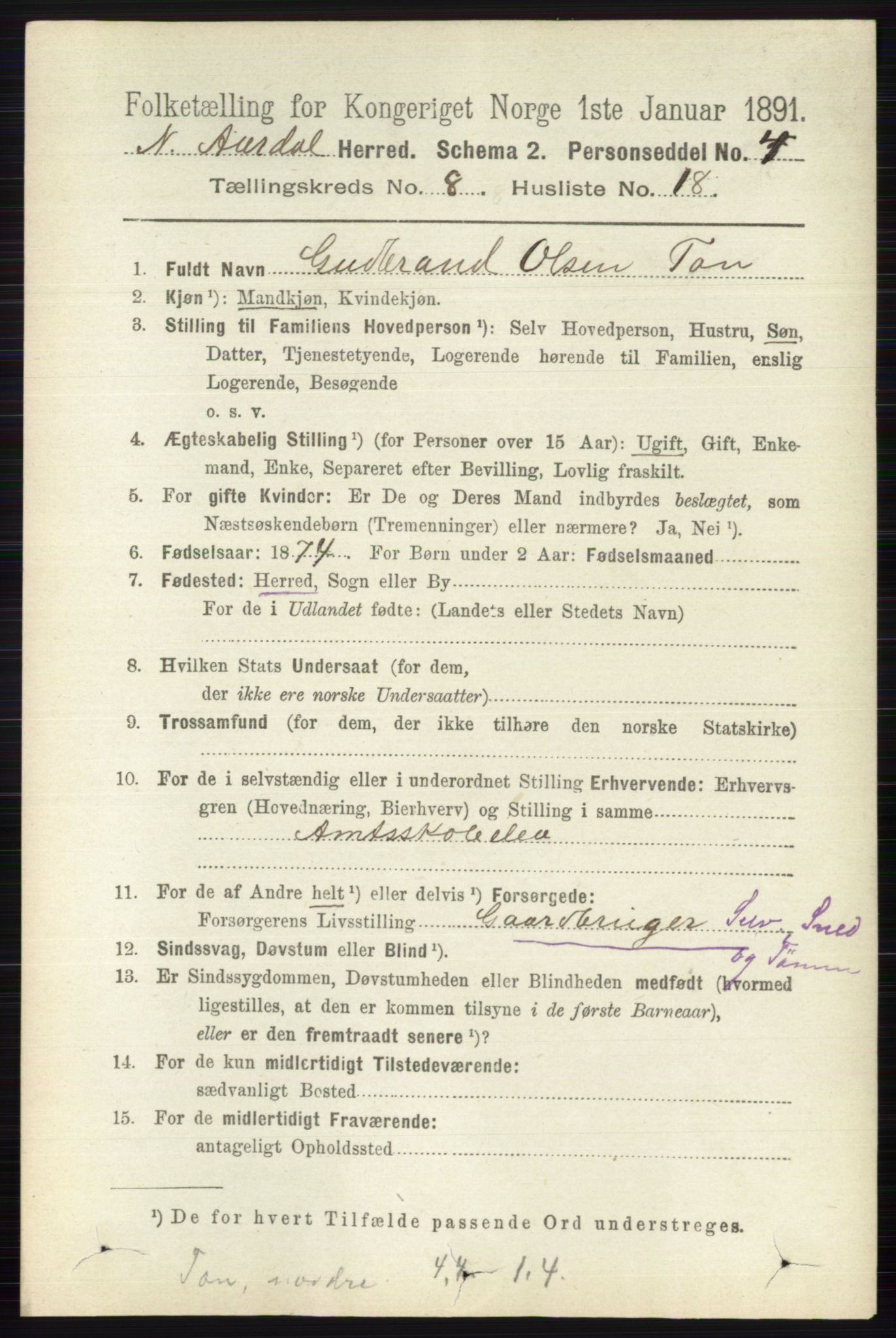 RA, 1891 census for 0542 Nord-Aurdal, 1891, p. 2909