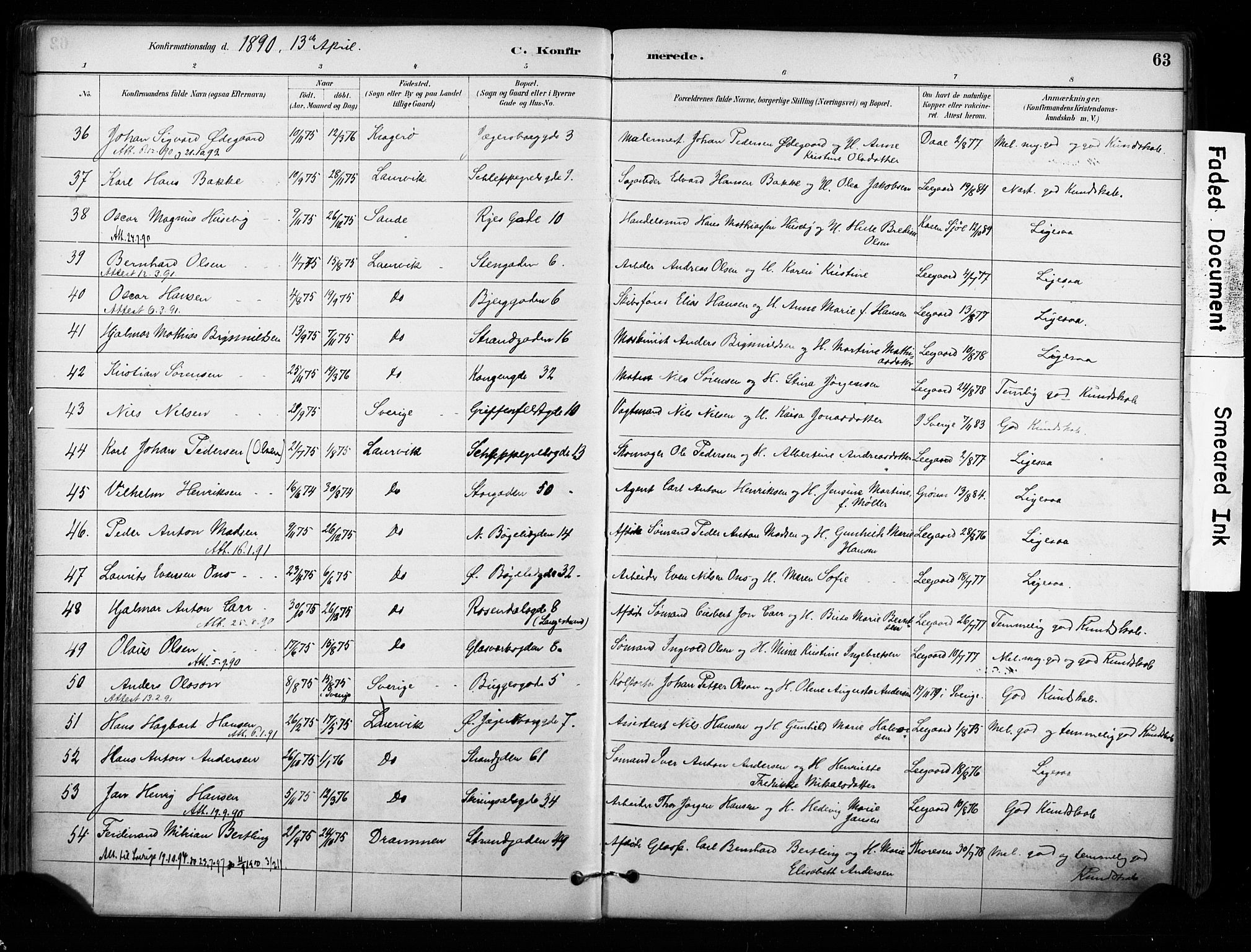 Larvik kirkebøker, AV/SAKO-A-352/F/Fa/L0008: Parish register (official) no. I 8, 1884-1902, p. 63