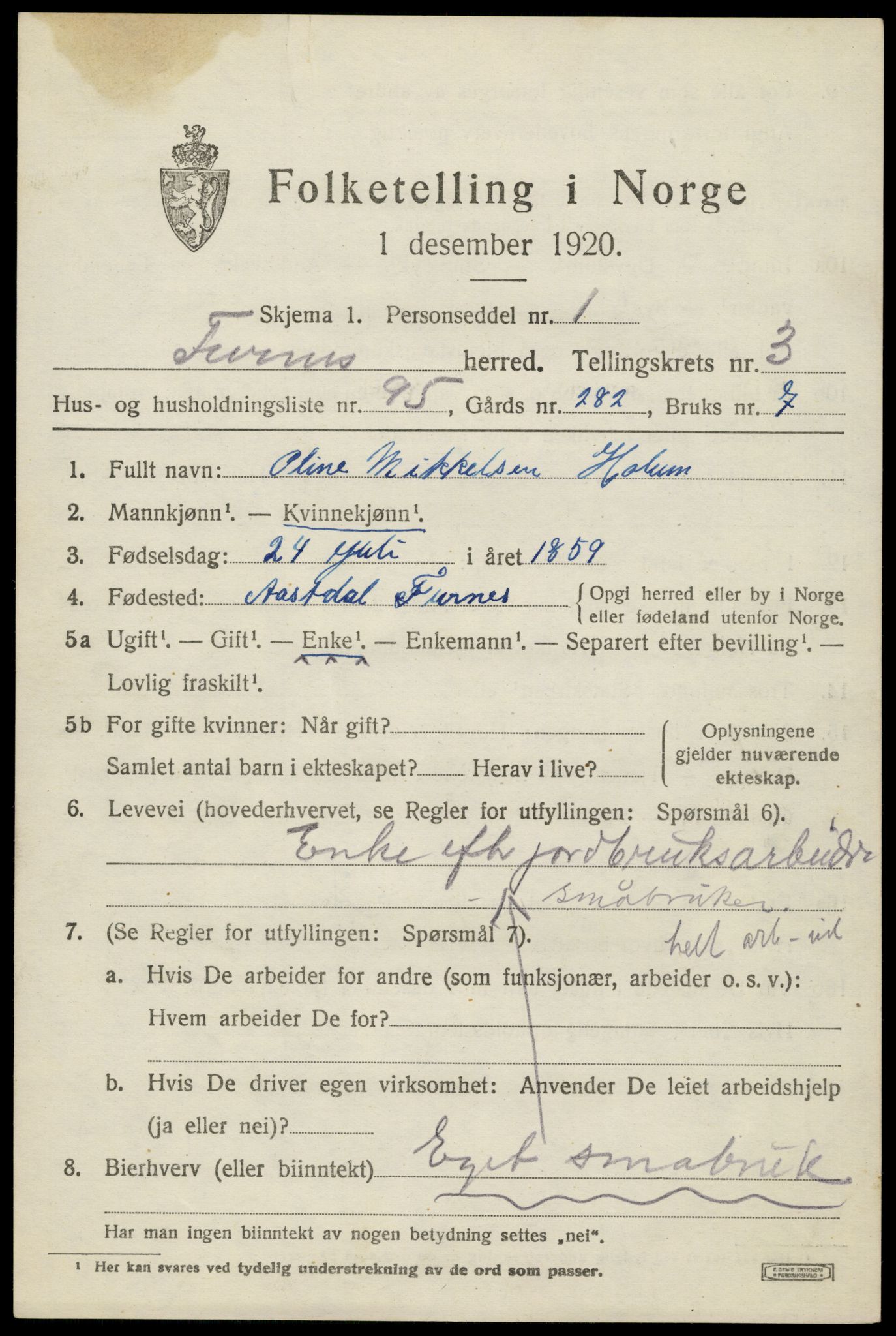 SAH, 1920 census for Furnes, 1920, p. 5723