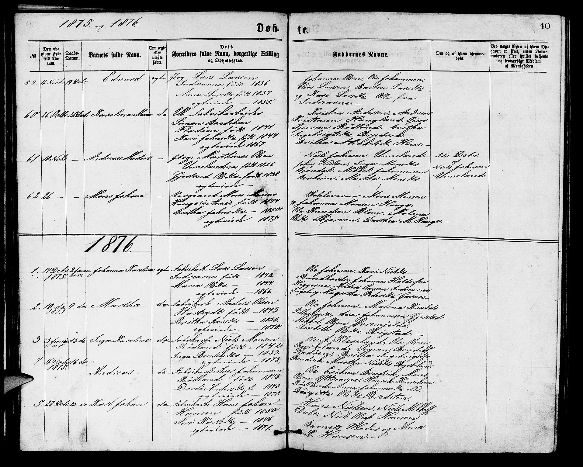 Arna Sokneprestembete, SAB/A-74001/H/Ha/Hab: Parish register (copy) no. A 1, 1869-1879, p. 40