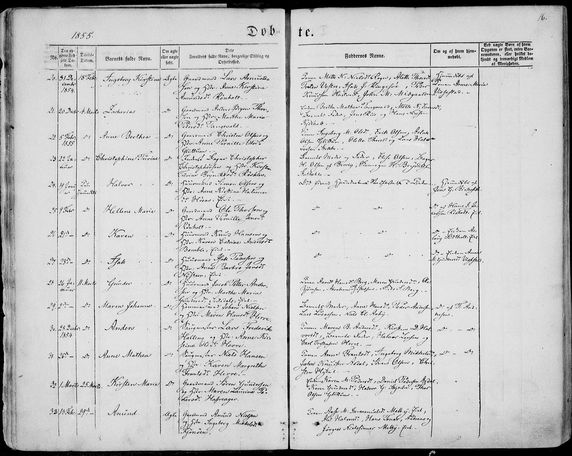 Bamble kirkebøker, AV/SAKO-A-253/F/Fa/L0005: Parish register (official) no. I 5, 1854-1869, p. 16