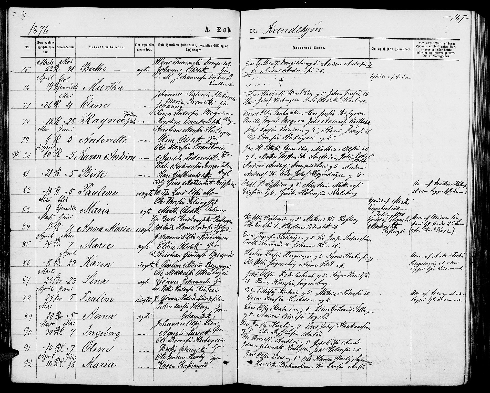 Ringsaker prestekontor, AV/SAH-PREST-014/L/La/L0008: Parish register (copy) no. 8, 1870-1878, p. 167