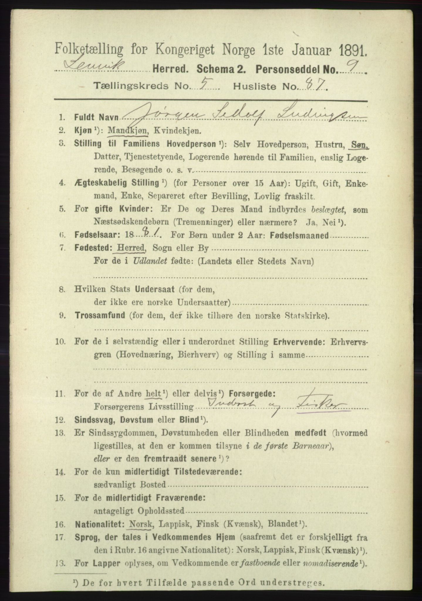 RA, 1891 census for 1931 Lenvik, 1891, p. 3156