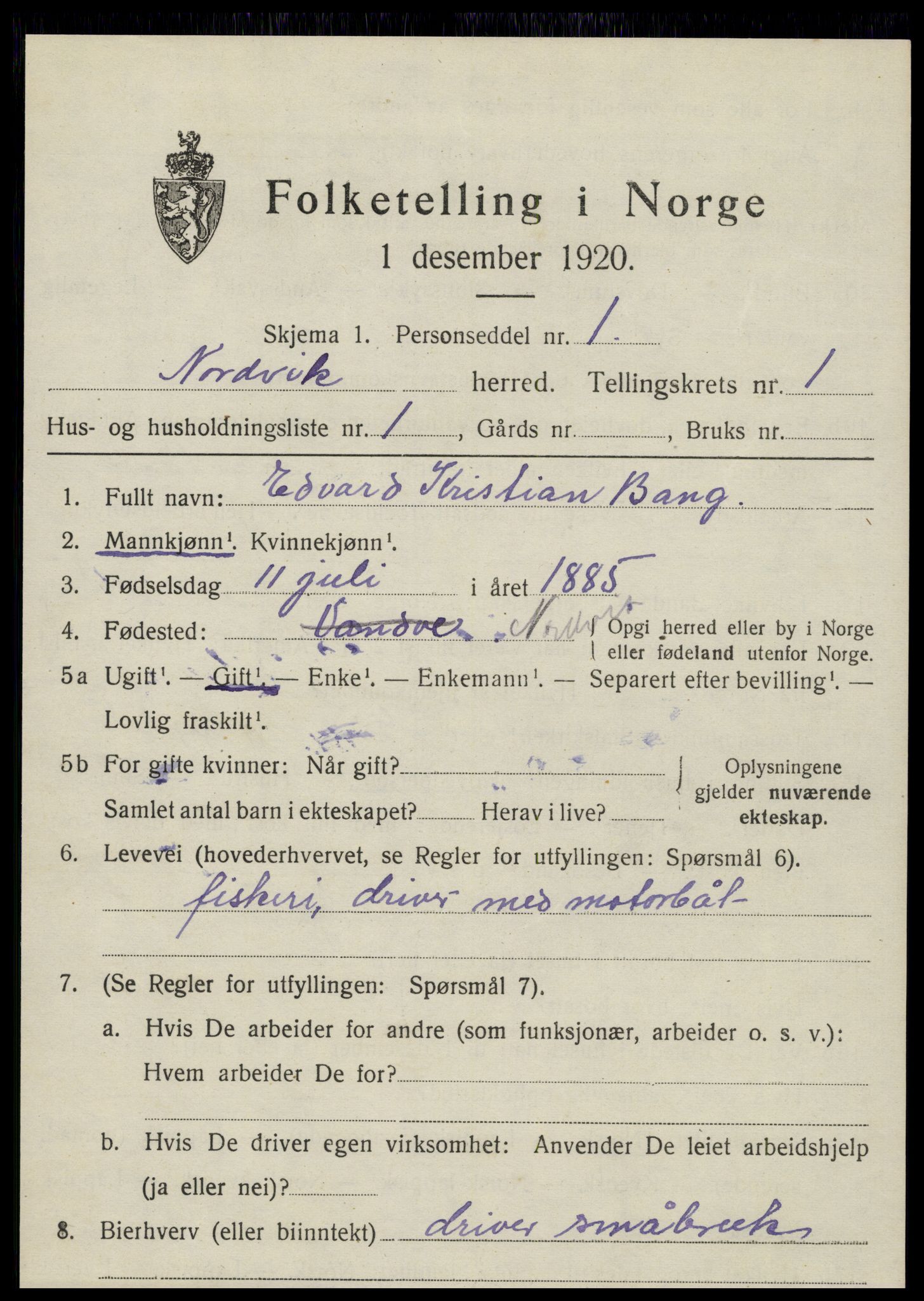 SAT, 1920 census for Nordvik, 1920, p. 596