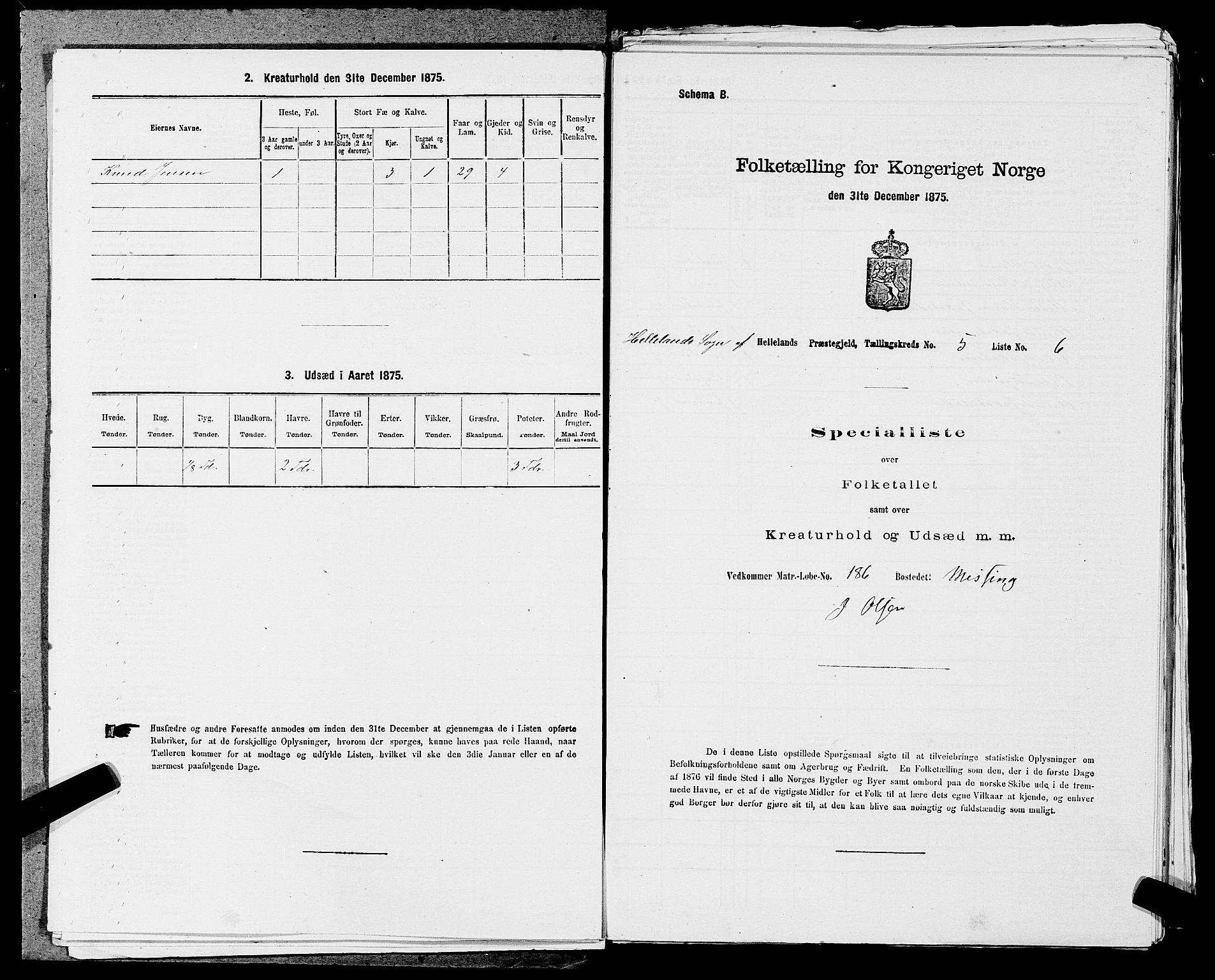 SAST, 1875 census for 1115P Helleland, 1875, p. 425