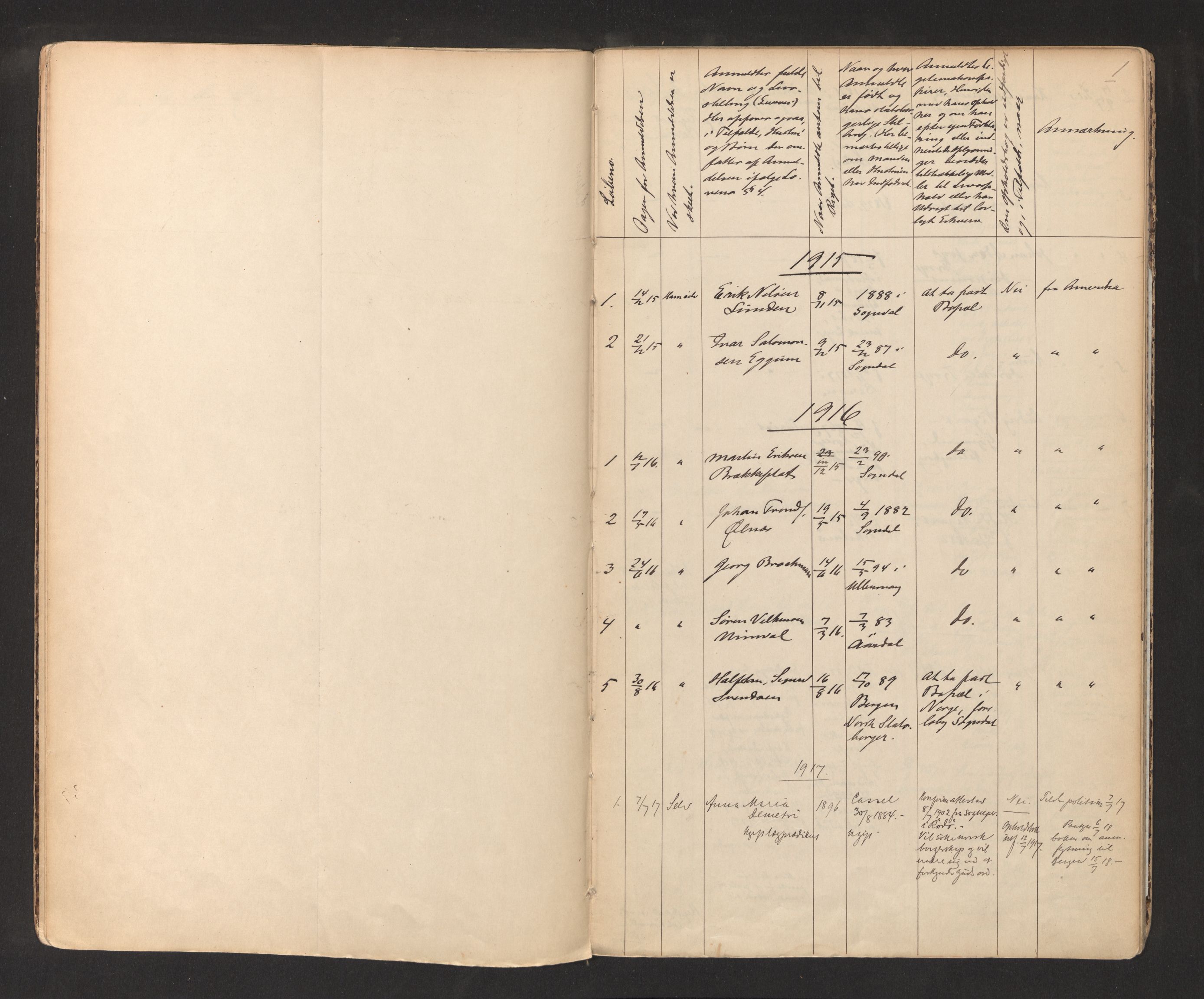 Lensmannen i Sogndal, AV/SAB-A-29901/0020/L0003: Framandprotokoll, 1915-1975, p. 1a