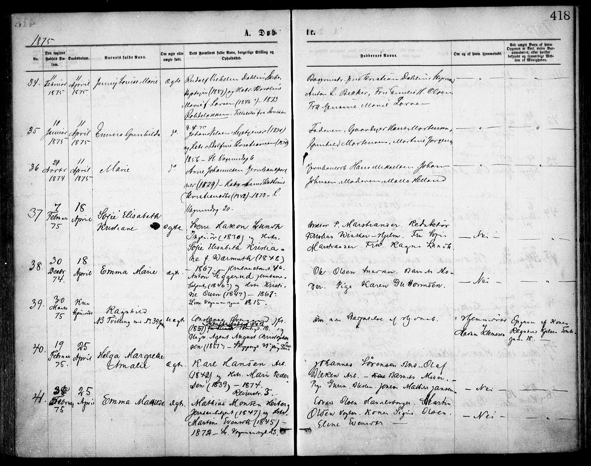Oslo domkirke Kirkebøker, SAO/A-10752/F/Fa/L0017: Parish register (official) no. 17, 1869-1878, p. 418