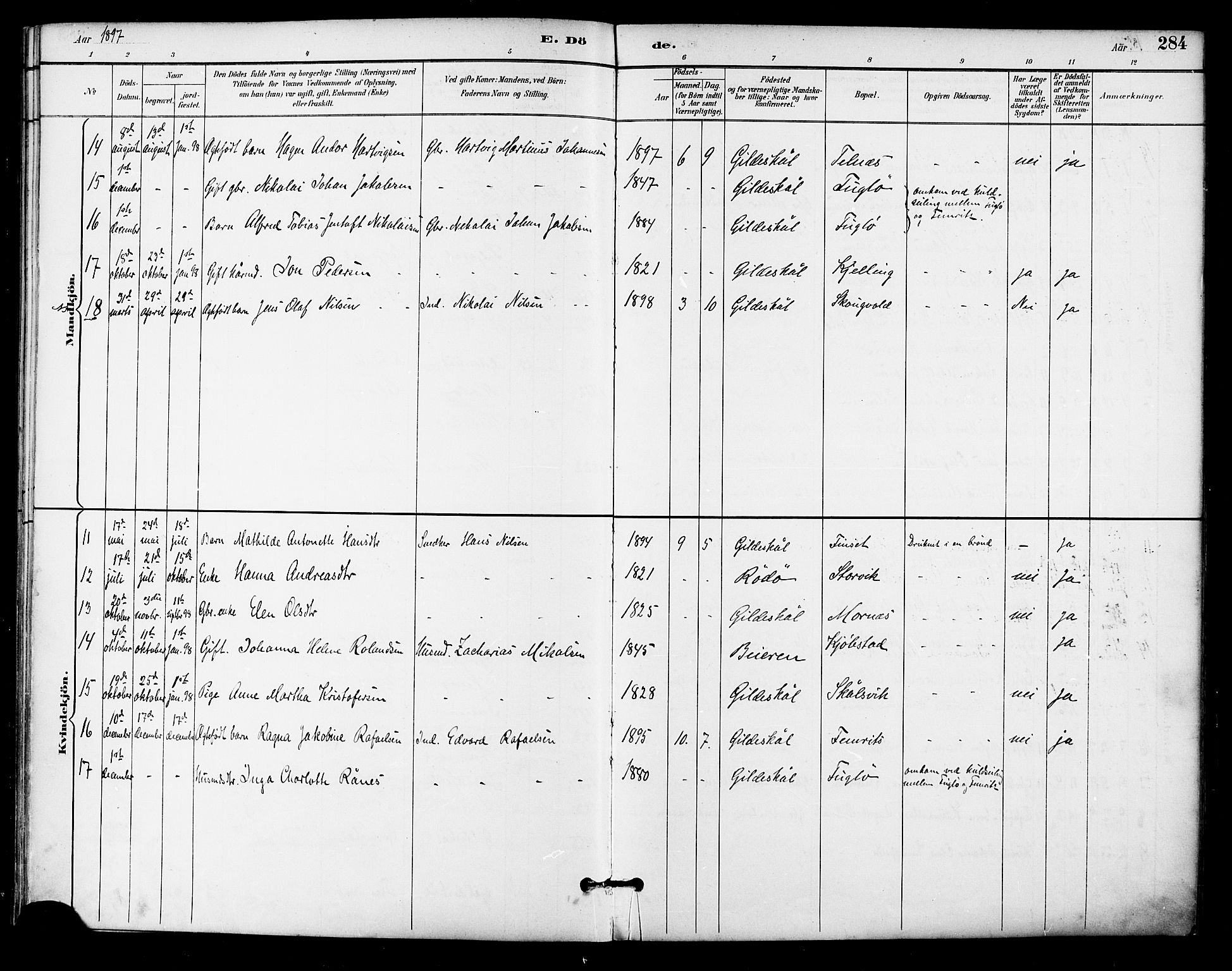 Ministerialprotokoller, klokkerbøker og fødselsregistre - Nordland, AV/SAT-A-1459/805/L0101: Parish register (official) no. 805A07, 1892-1899, p. 284