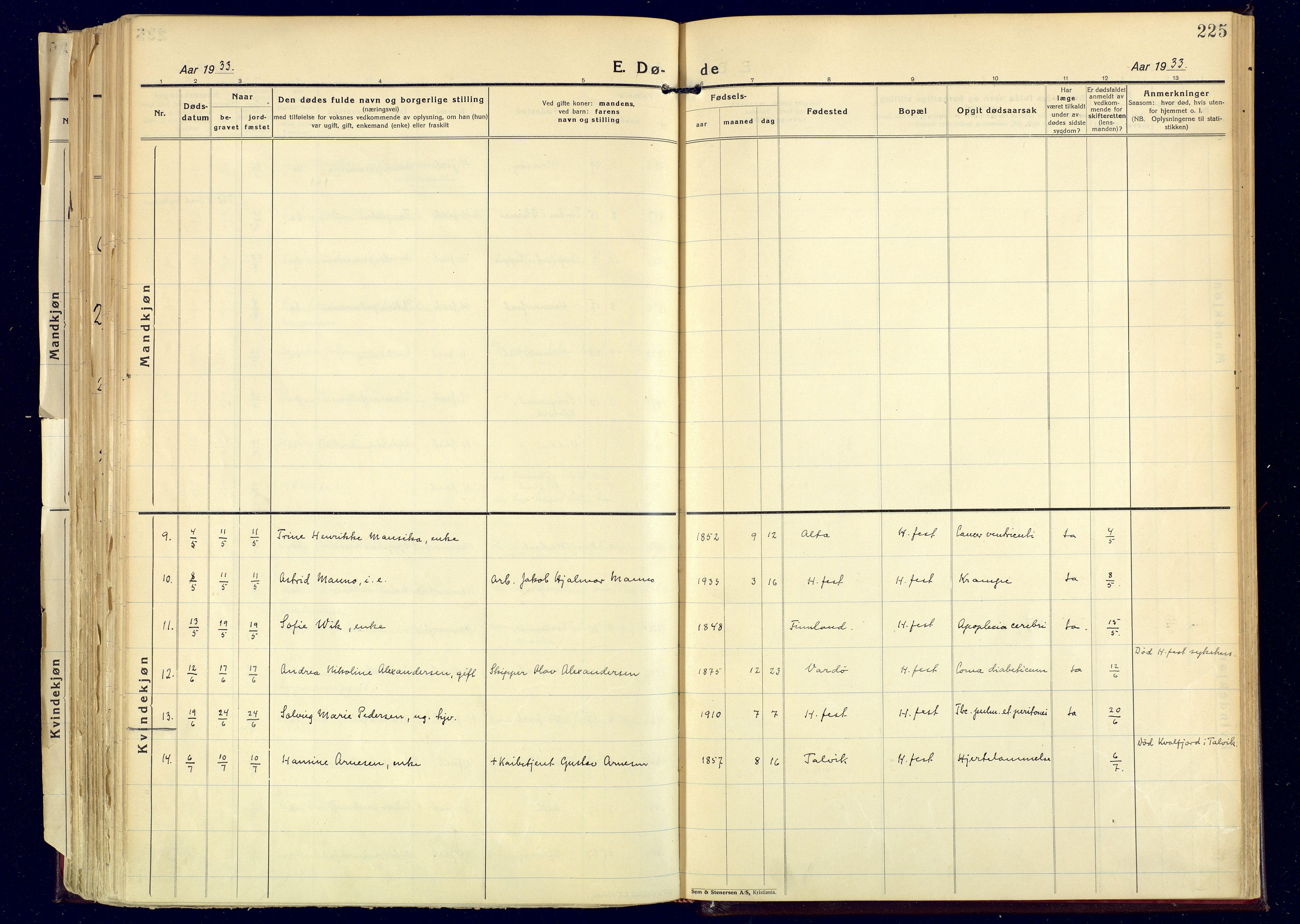 Hammerfest sokneprestkontor, AV/SATØ-S-1347/H/Ha/L0017.kirke: Parish register (official) no. 17, 1923-1933, p. 225