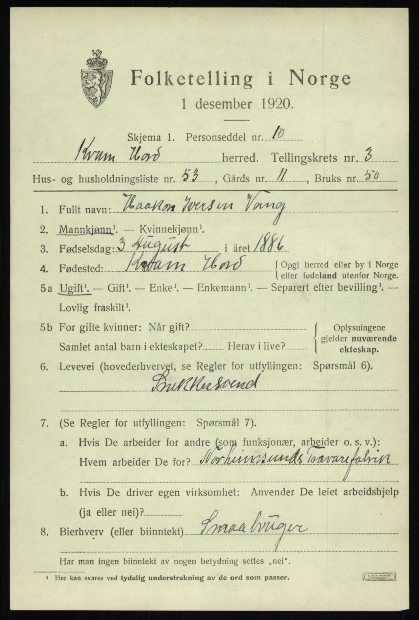 SAB, 1920 census for Kvam, 1920, p. 3217