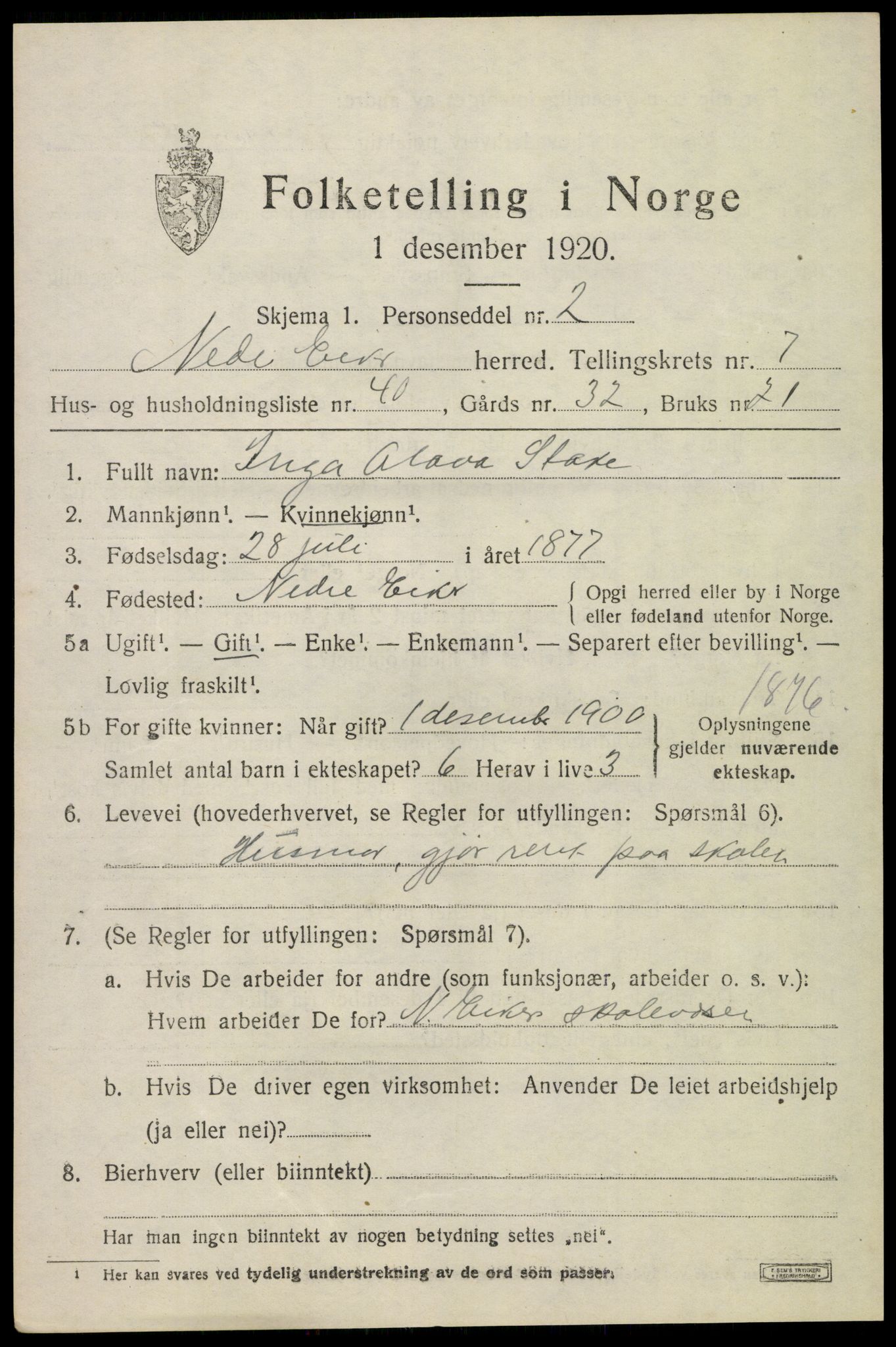 SAKO, 1920 census for Nedre Eiker, 1920, p. 8021