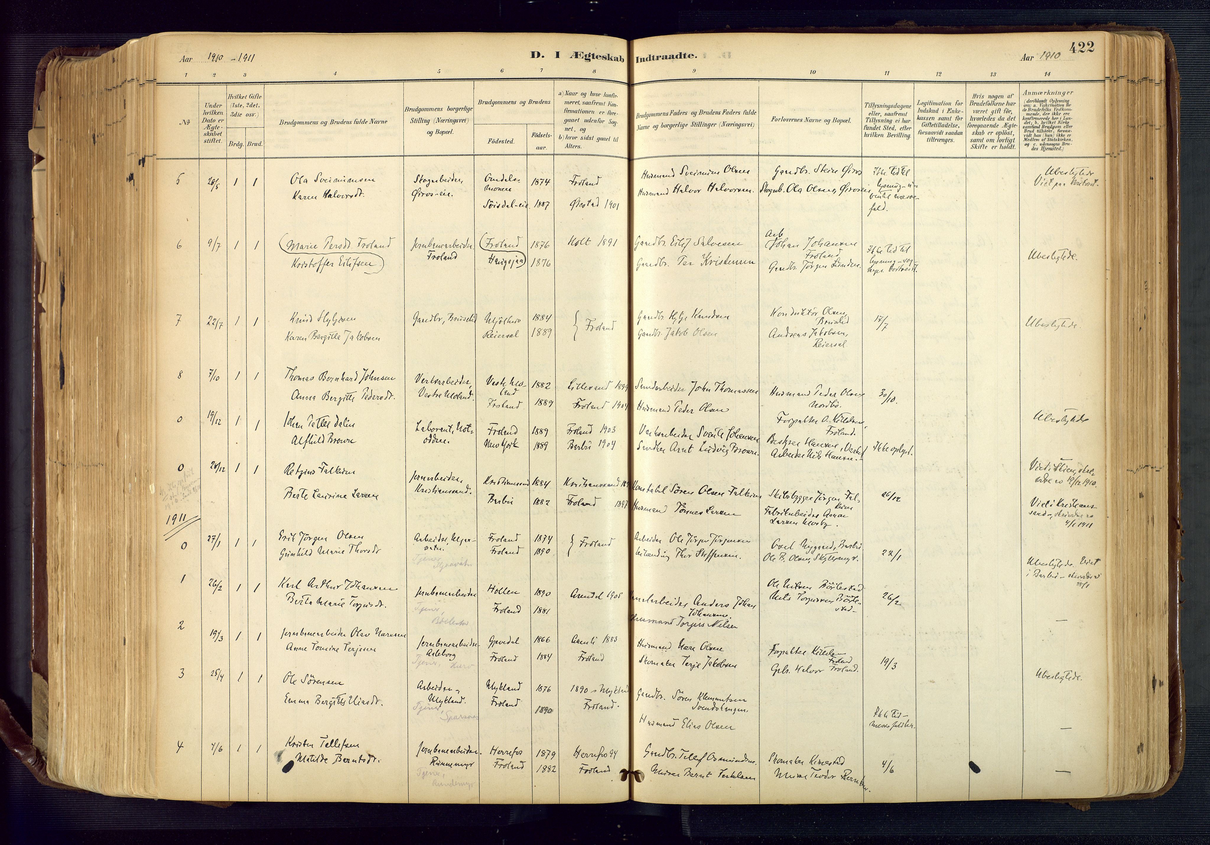 Froland sokneprestkontor, SAK/1111-0013/F/Fa/L0005: Parish register (official) no. A 5, 1882-1921, p. 422
