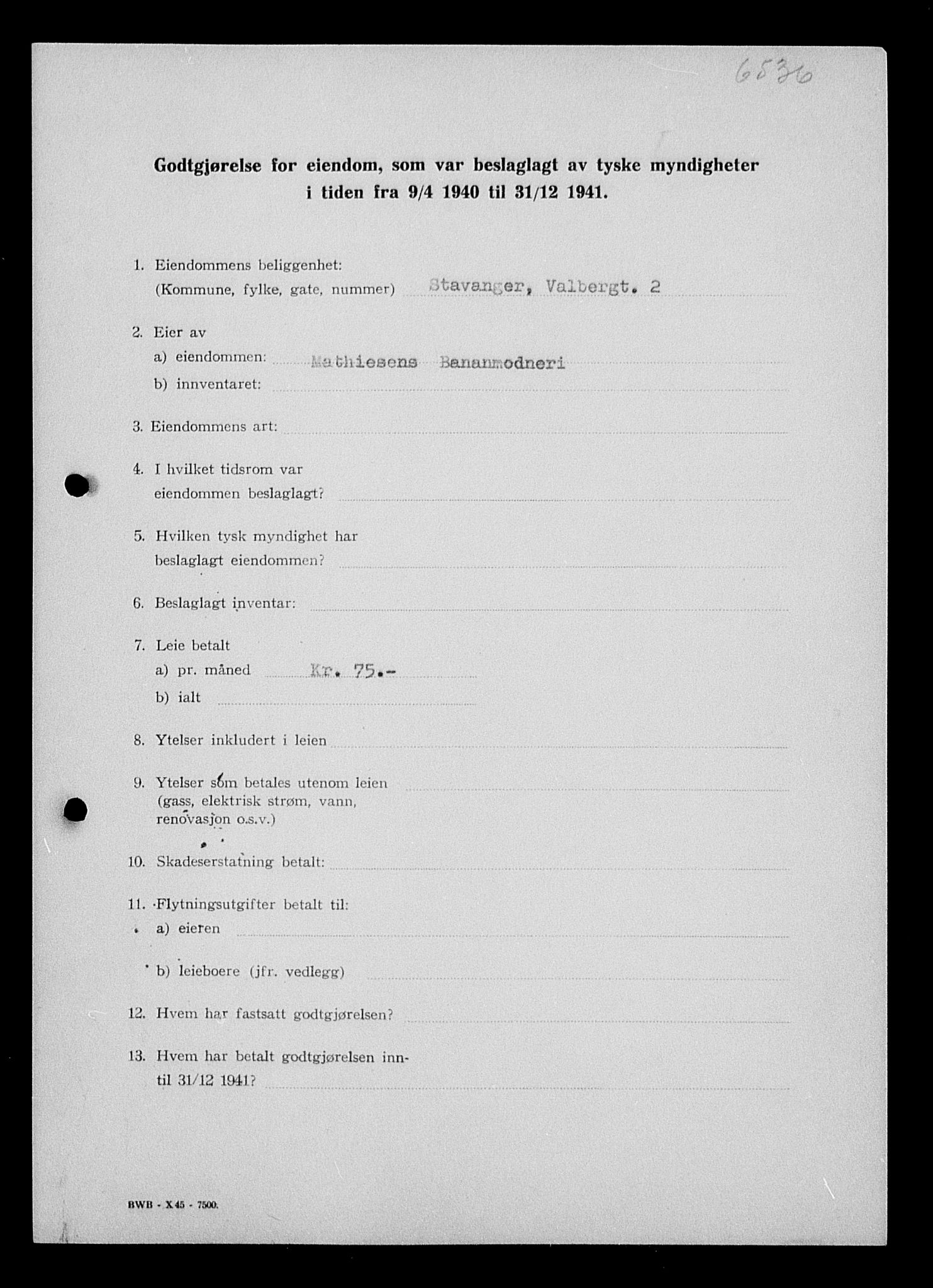 Justisdepartementet, Tilbakeføringskontoret for inndratte formuer, AV/RA-S-1564/I/L1014: Godtgjørelse for beslaglagt eiendom, 1940-1941, p. 81