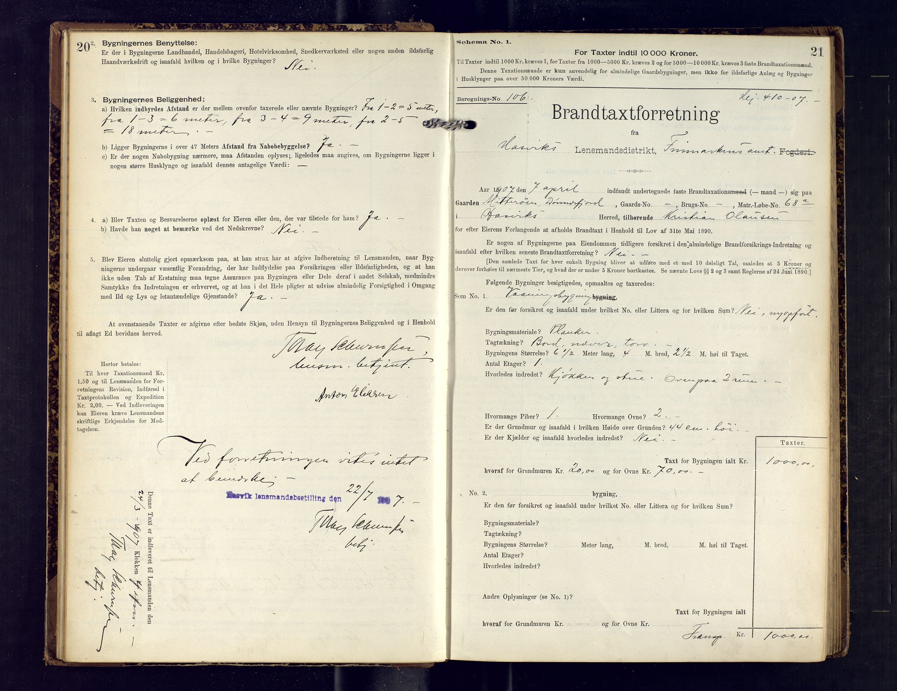 Hasvik lensmannskontor, AV/SATØ-SATO-164/Fob/L0003: Branntakstprotokoll, 1906-1910, p. 20-21