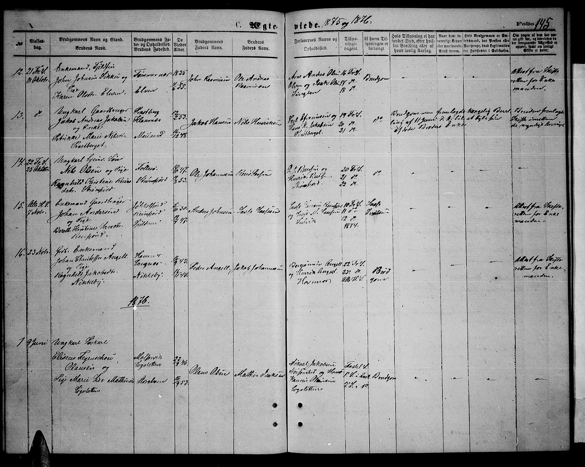 Skjervøy sokneprestkontor, AV/SATØ-S-1300/H/Ha/Hab/L0005klokker: Parish register (copy) no. 5, 1871-1877, p. 145