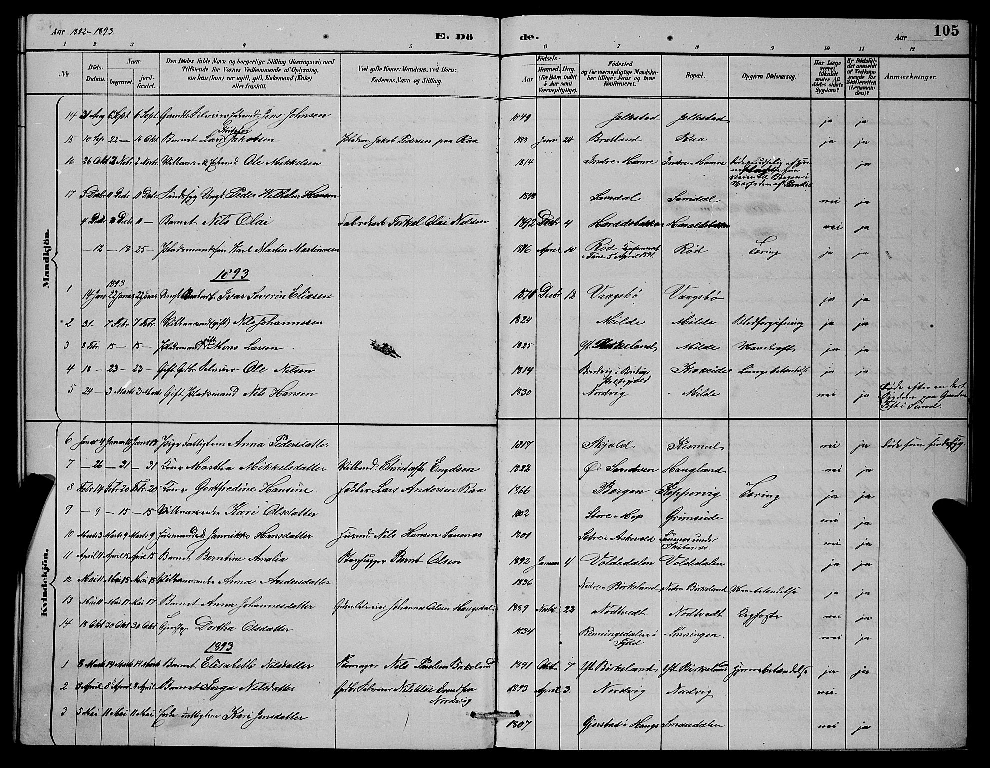 Fana Sokneprestembete, AV/SAB-A-75101/H/Hab/Haba/L0002: Parish register (copy) no. A 2, 1889-1895, p. 105