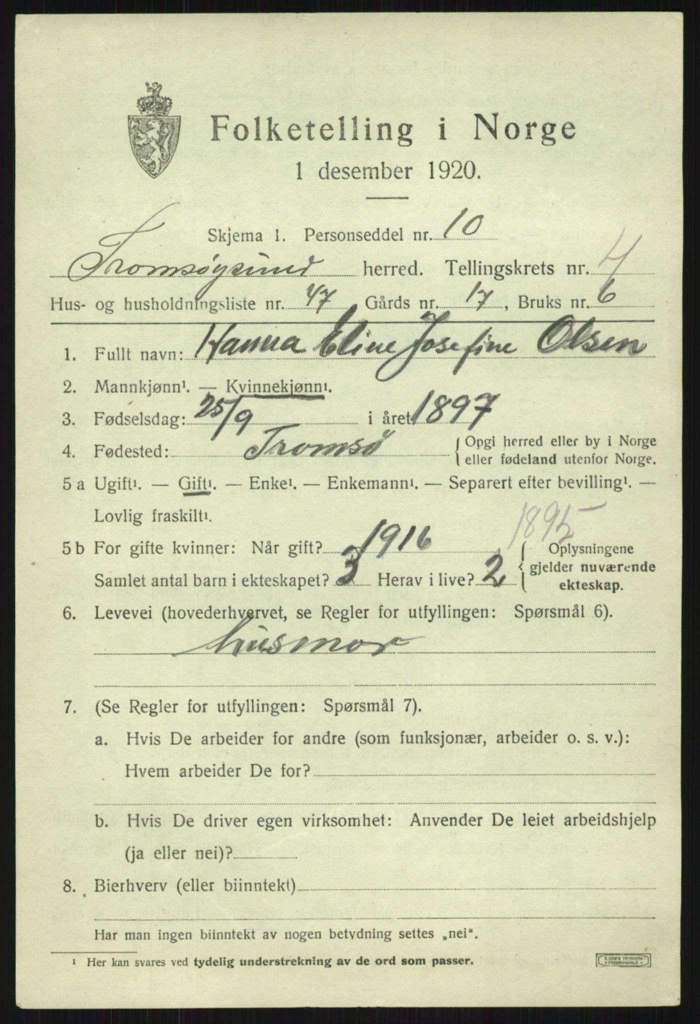 SATØ, 1920 census for Tromsøysund, 1920, p. 3822