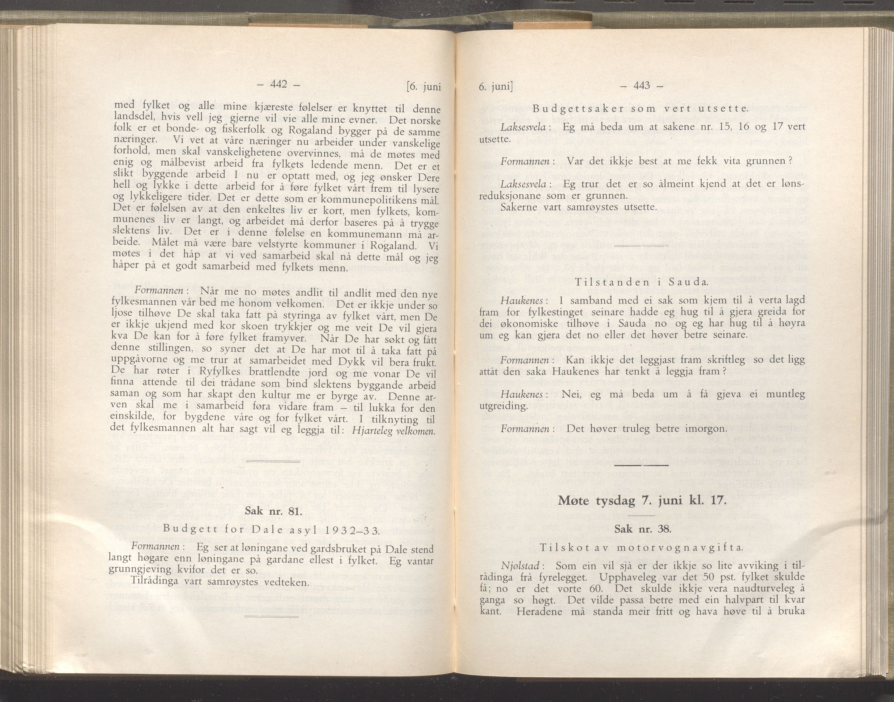 Rogaland fylkeskommune - Fylkesrådmannen , IKAR/A-900/A/Aa/Aaa/L0051: Møtebok , 1932, p. 442-443