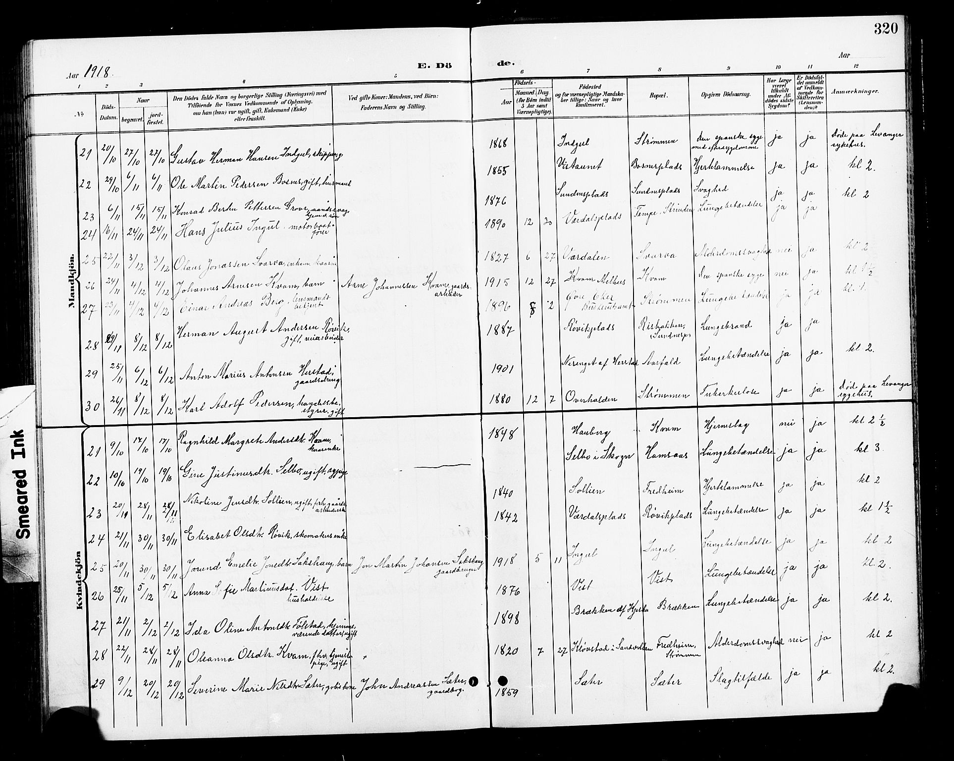 Ministerialprotokoller, klokkerbøker og fødselsregistre - Nord-Trøndelag, AV/SAT-A-1458/730/L0302: Parish register (copy) no. 730C05, 1898-1924, p. 320