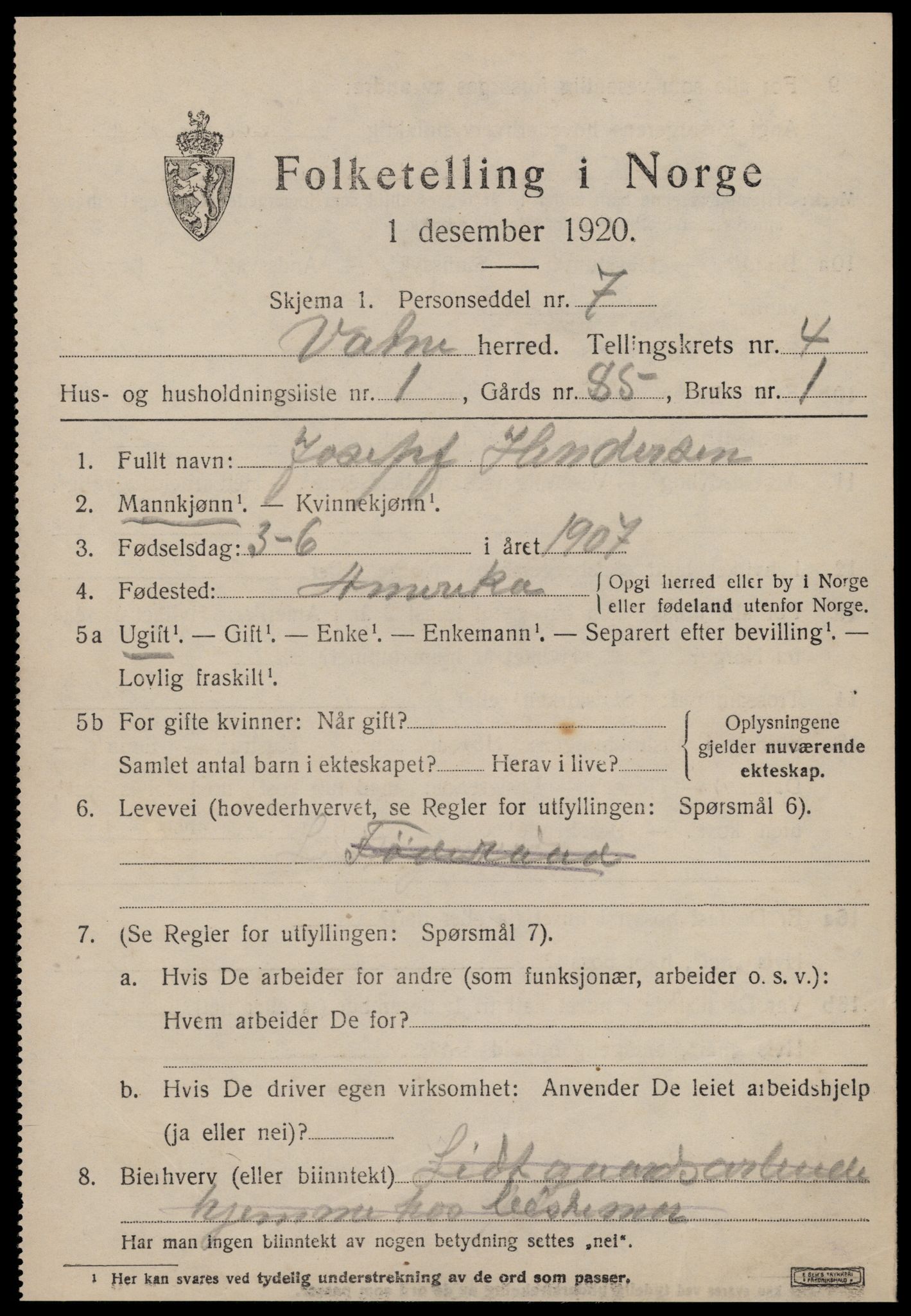 SAT, 1920 census for Vatne, 1920, p. 1824