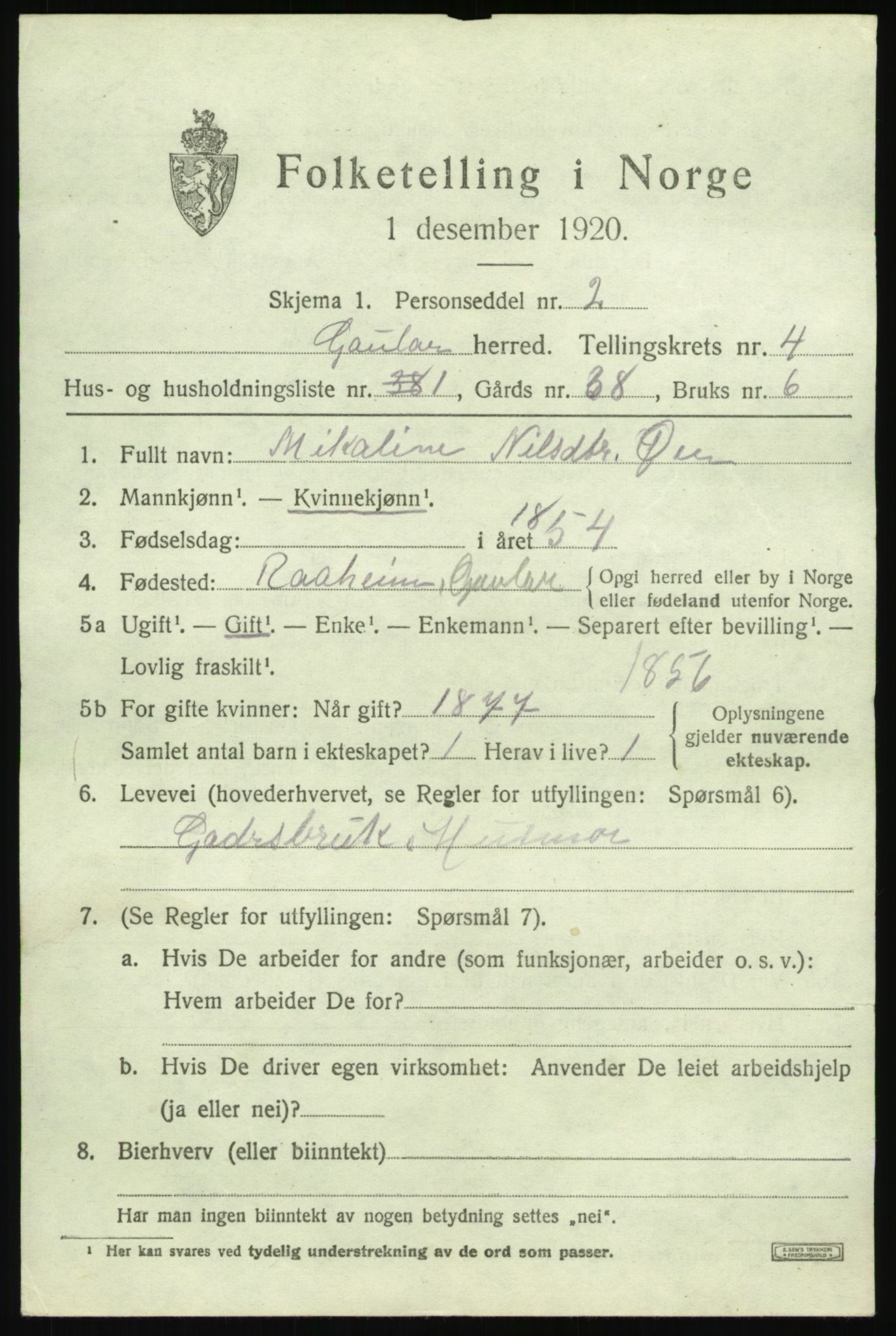 SAB, 1920 census for Gaular, 1920, p. 2212