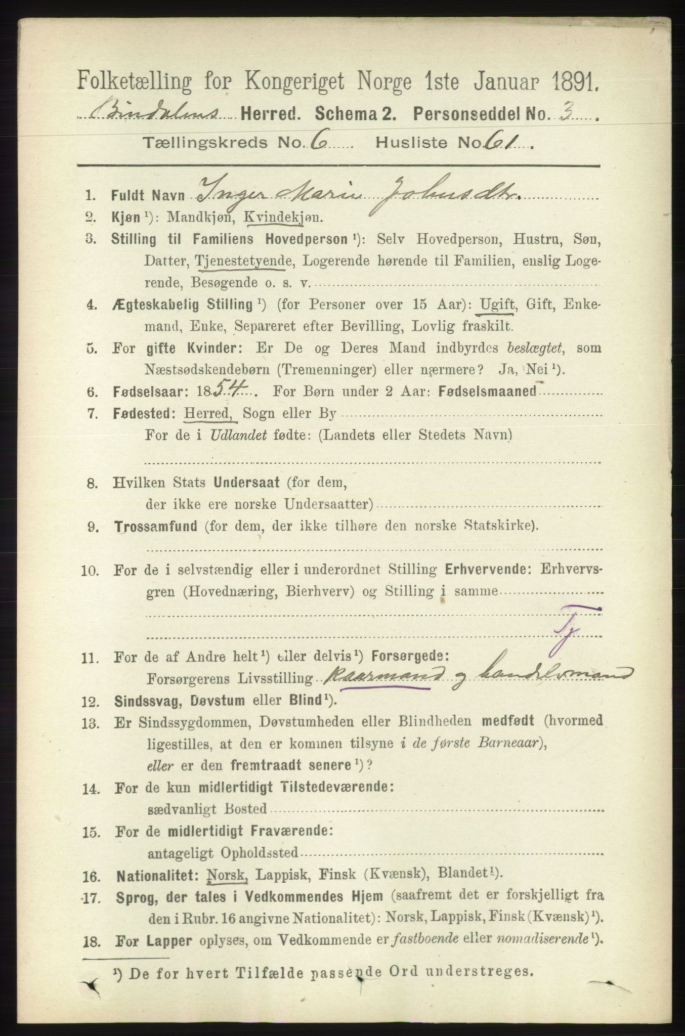 RA, 1891 census for 1811 Bindal, 1891, p. 2129