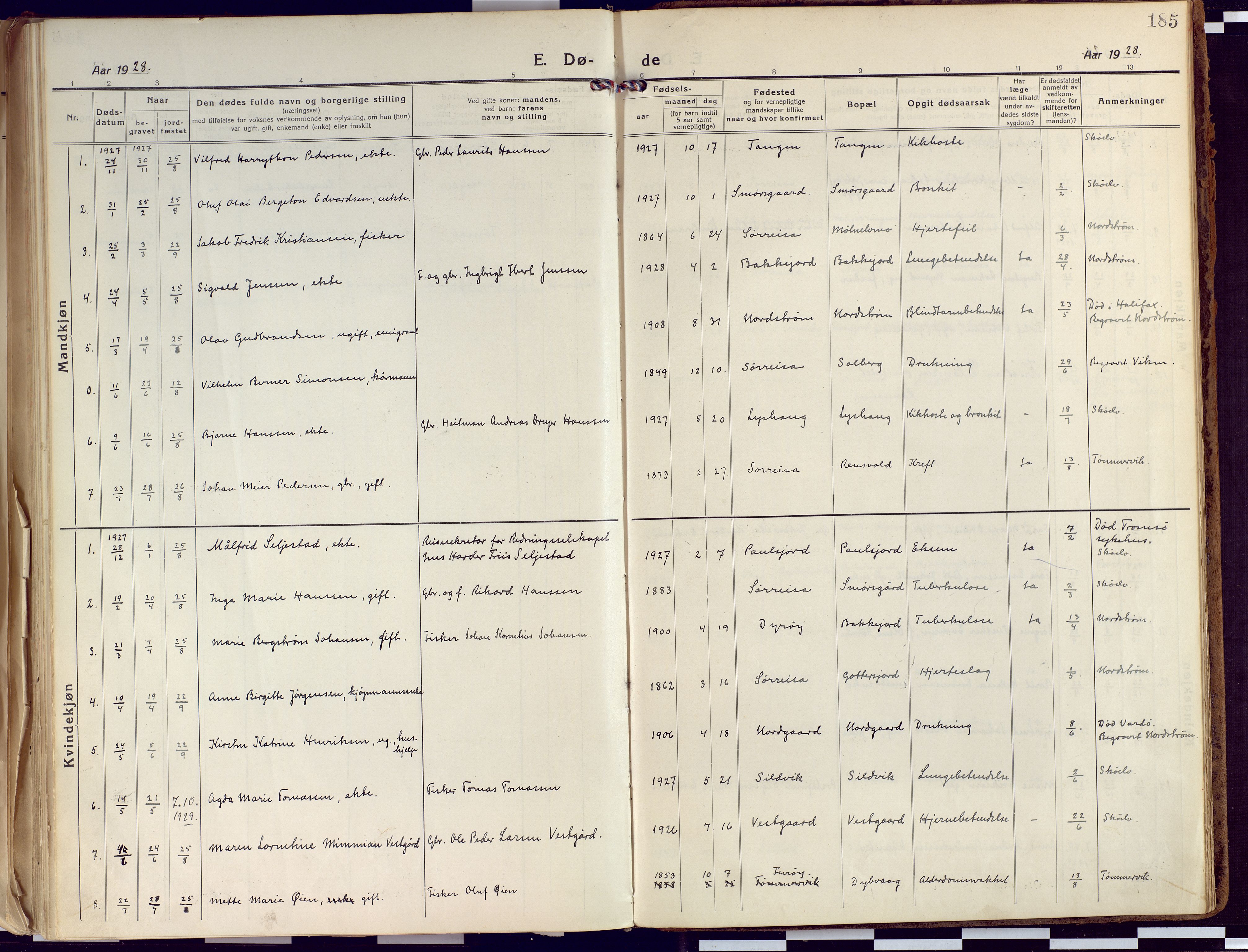 Tranøy sokneprestkontor, AV/SATØ-S-1313/I/Ia/Iaa/L0015kirke: Parish register (official) no. 15, 1919-1928, p. 185