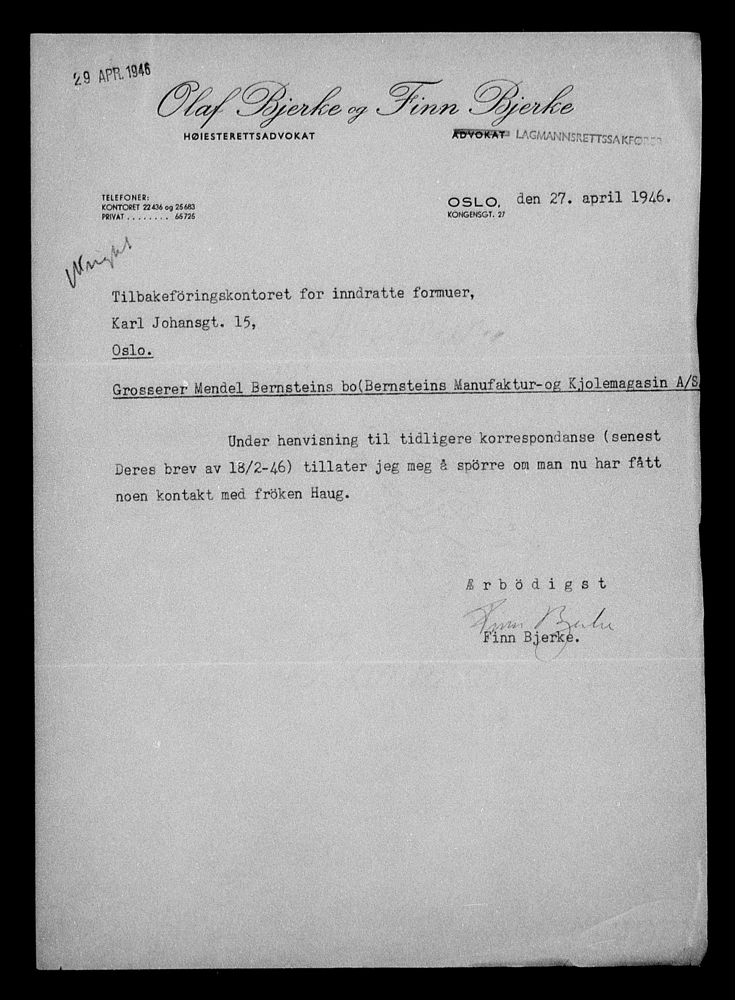 Justisdepartementet, Tilbakeføringskontoret for inndratte formuer, AV/RA-S-1564/H/Hc/Hcc/L0923: --, 1945-1947, p. 62