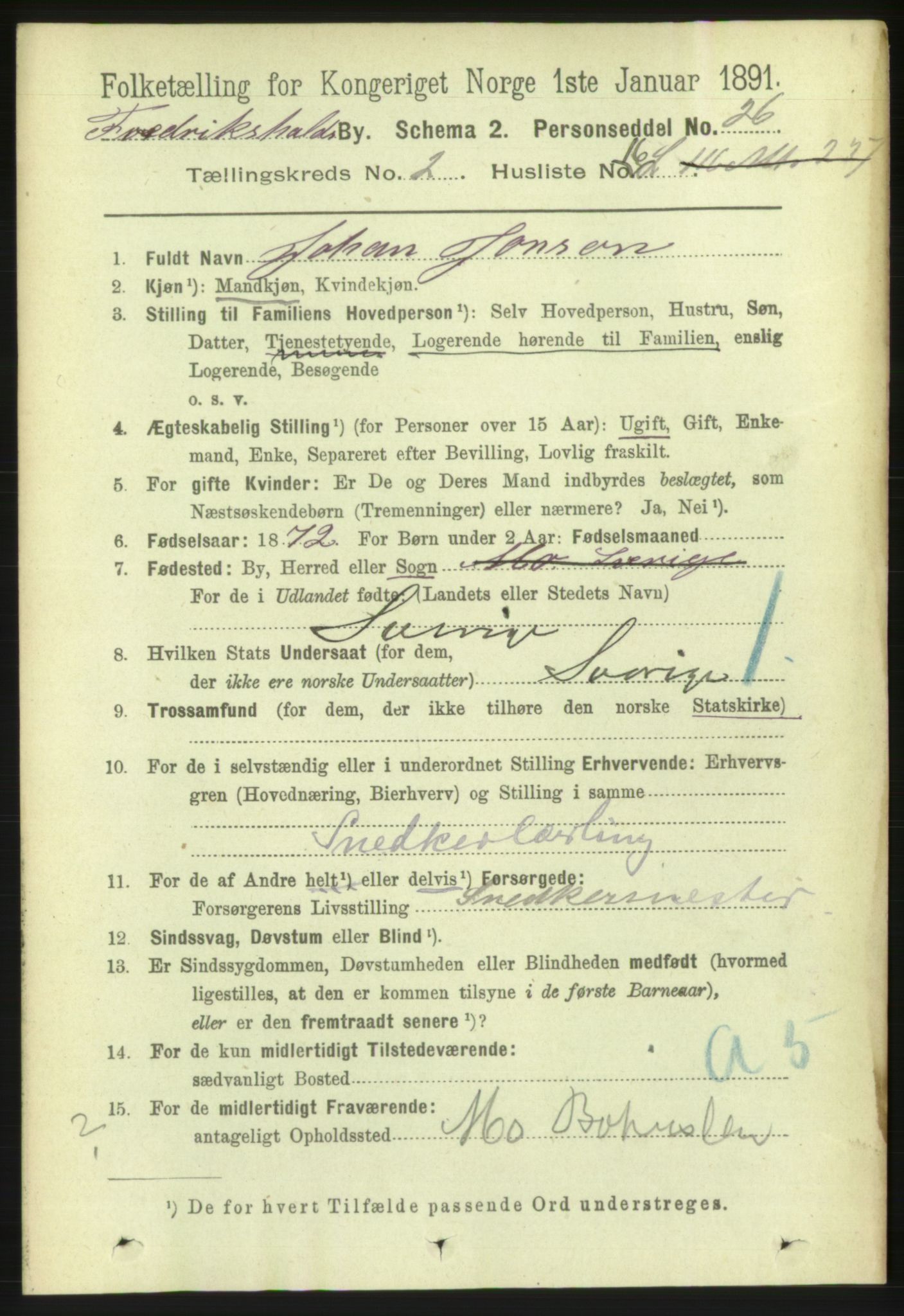 RA, 1891 census for 0101 Fredrikshald, 1891, p. 2845