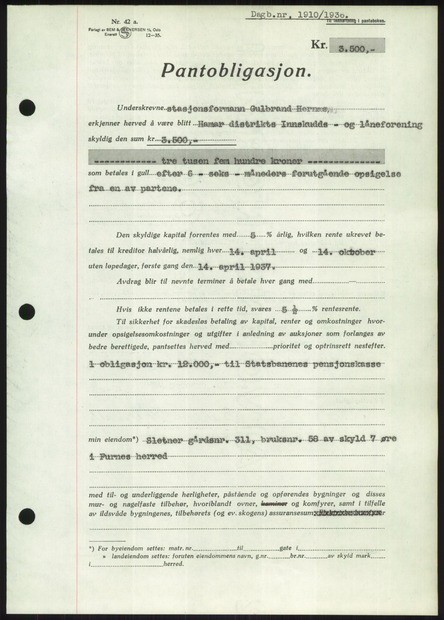 Nord-Hedmark sorenskriveri, AV/SAH-TING-012/H/Hb/Hbf/L0001: Mortgage book no. B1, 1936-1936, Diary no: : 1910/1936