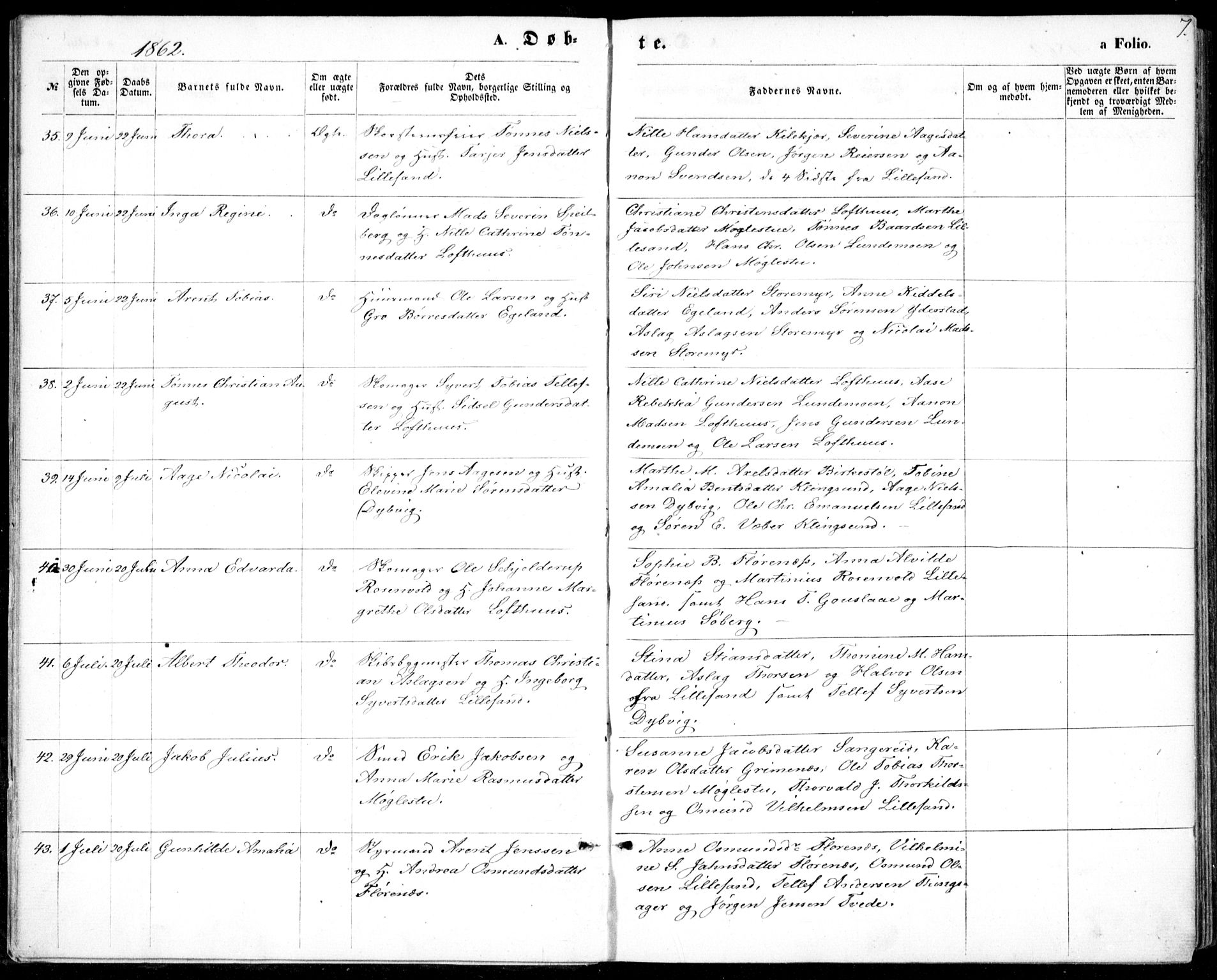 Vestre Moland sokneprestkontor, AV/SAK-1111-0046/F/Fb/Fbb/L0004: Parish register (copy) no. B 4, 1861-1872, p. 7