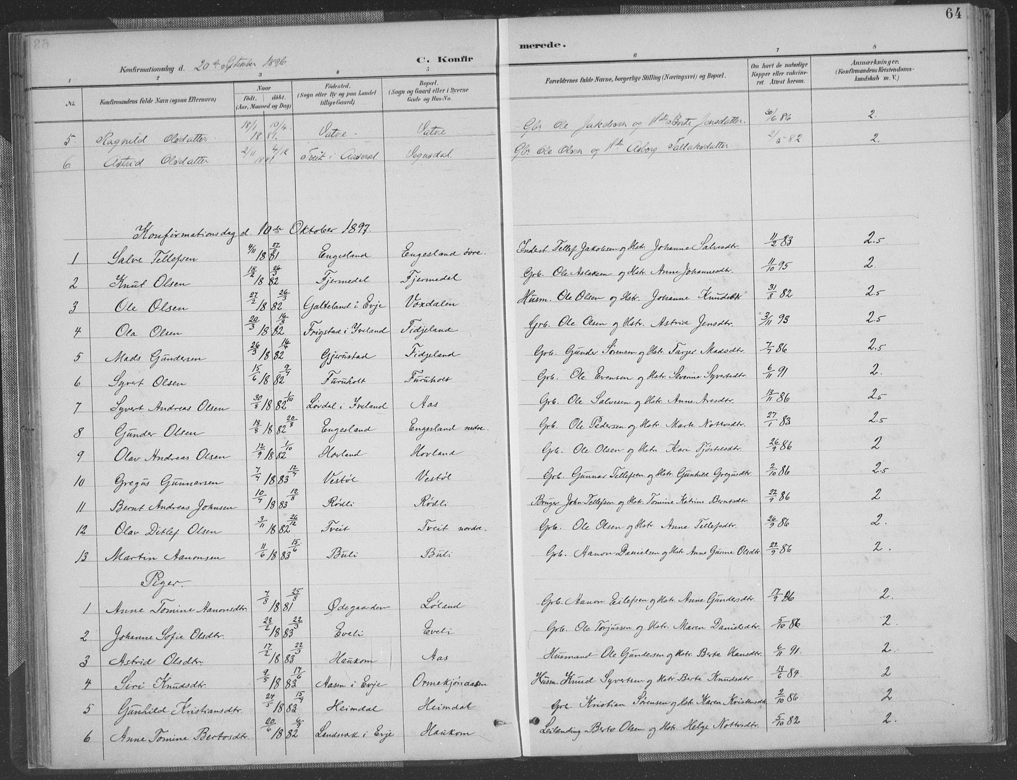 Herefoss sokneprestkontor, SAK/1111-0019/F/Fa/Fab/L0004: Parish register (official) no. A 4, 1887-1909, p. 64