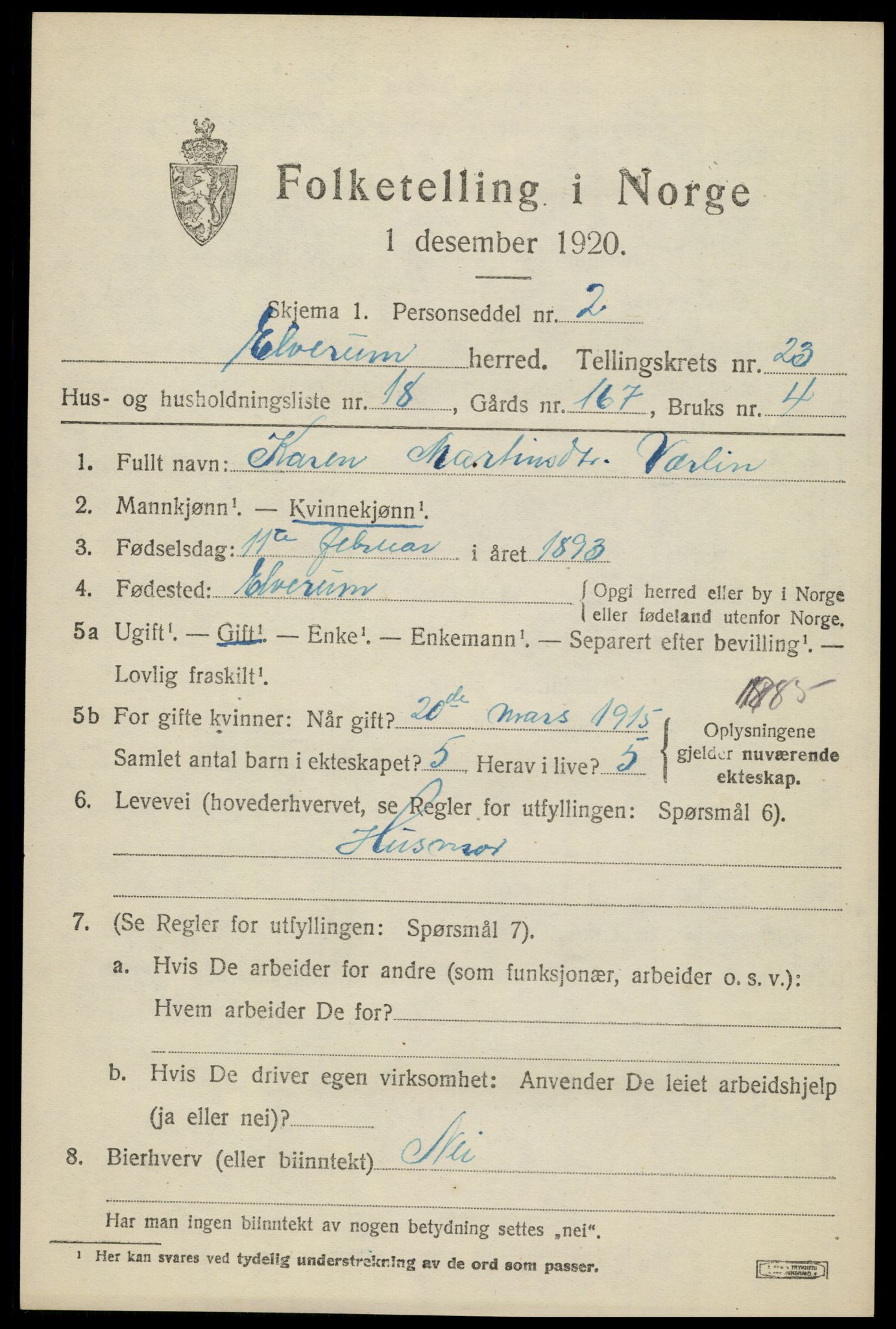 SAH, 1920 census for Elverum, 1920, p. 25388