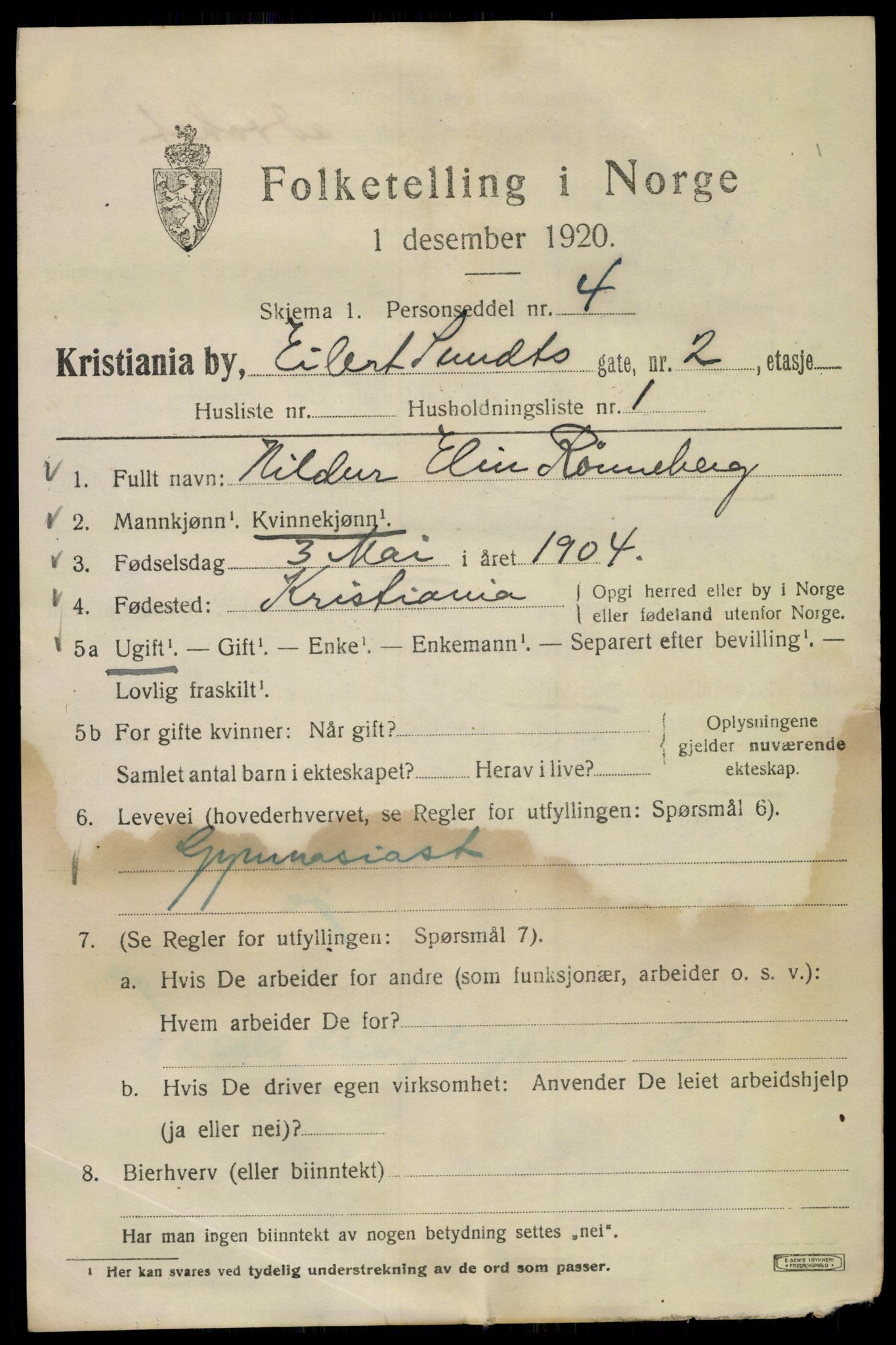 SAO, 1920 census for Kristiania, 1920, p. 210337