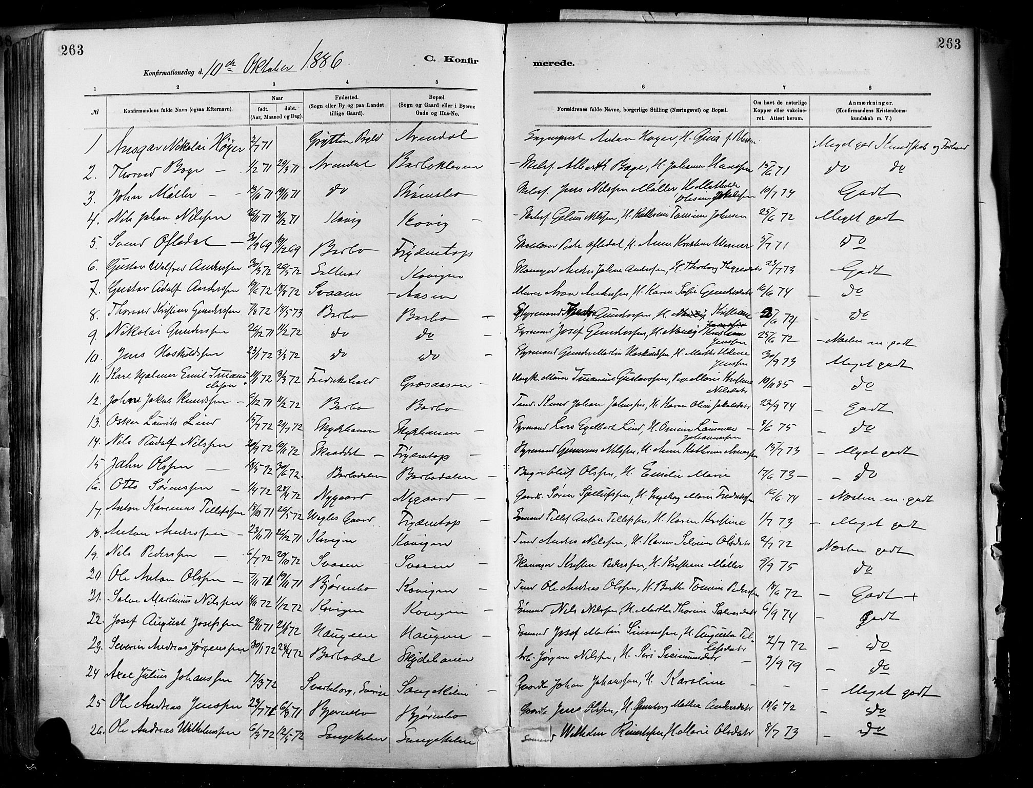 Barbu sokneprestkontor, SAK/1111-0003/F/Fa/L0002: Parish register (official) no. A 2, 1883-1898, p. 263
