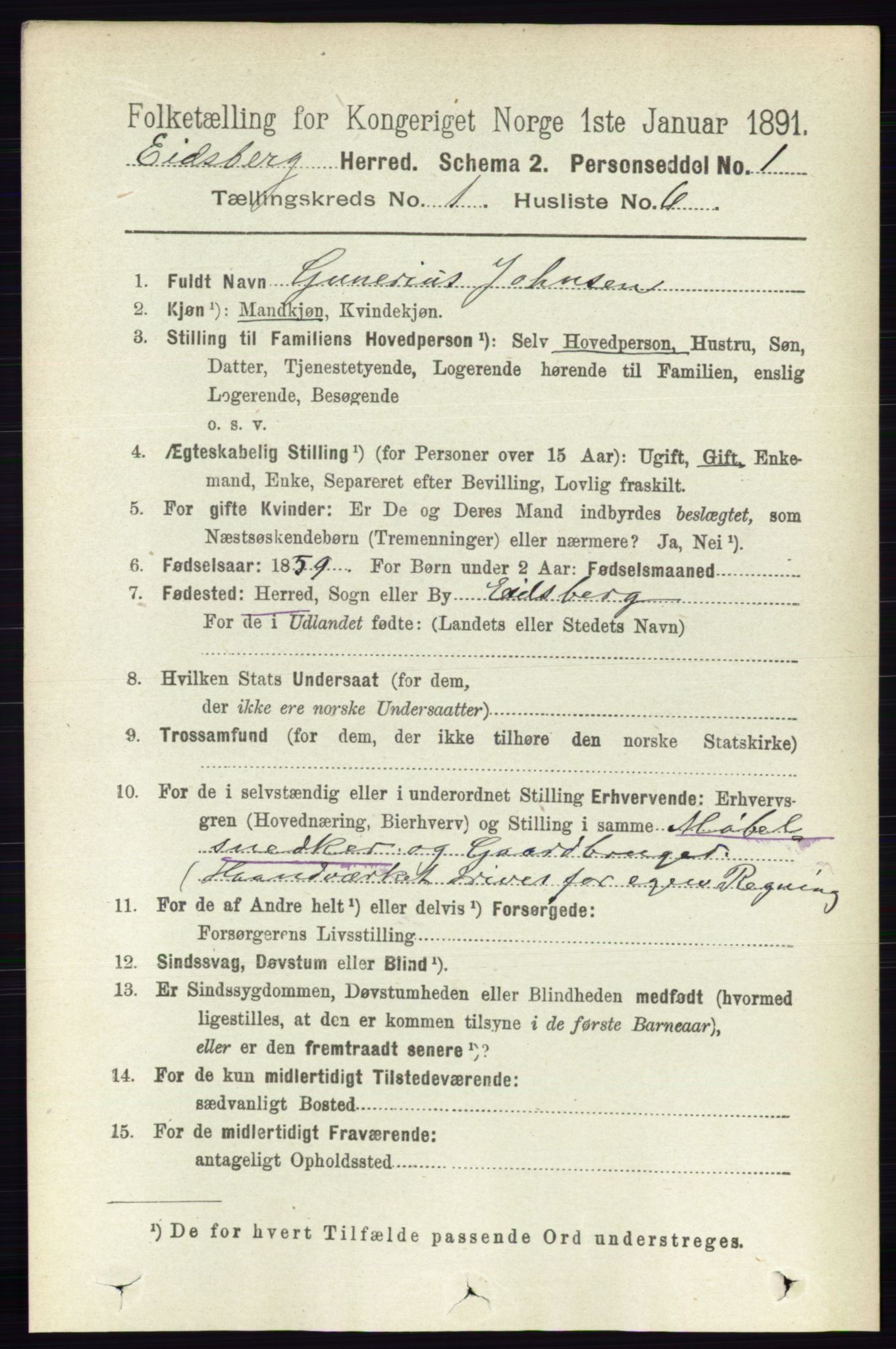 RA, 1891 census for 0125 Eidsberg, 1891, p. 170