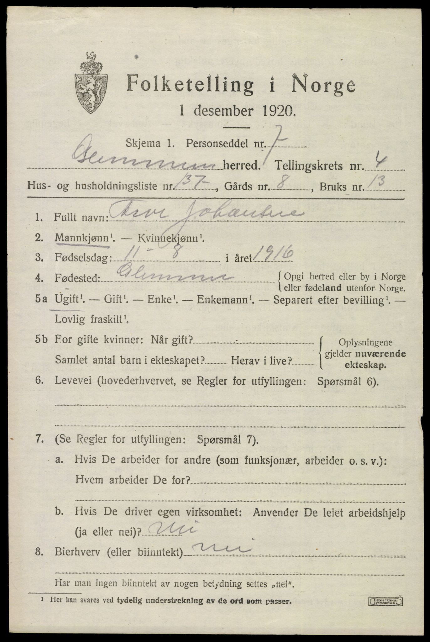 SAO, 1920 census for Glemmen, 1920, p. 12915