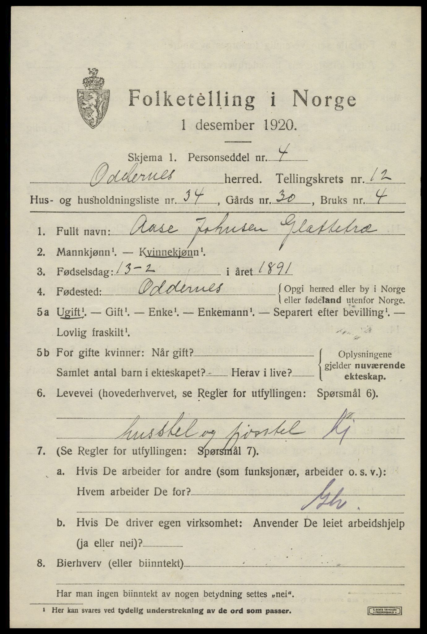 SAK, 1920 census for Oddernes, 1920, p. 7975