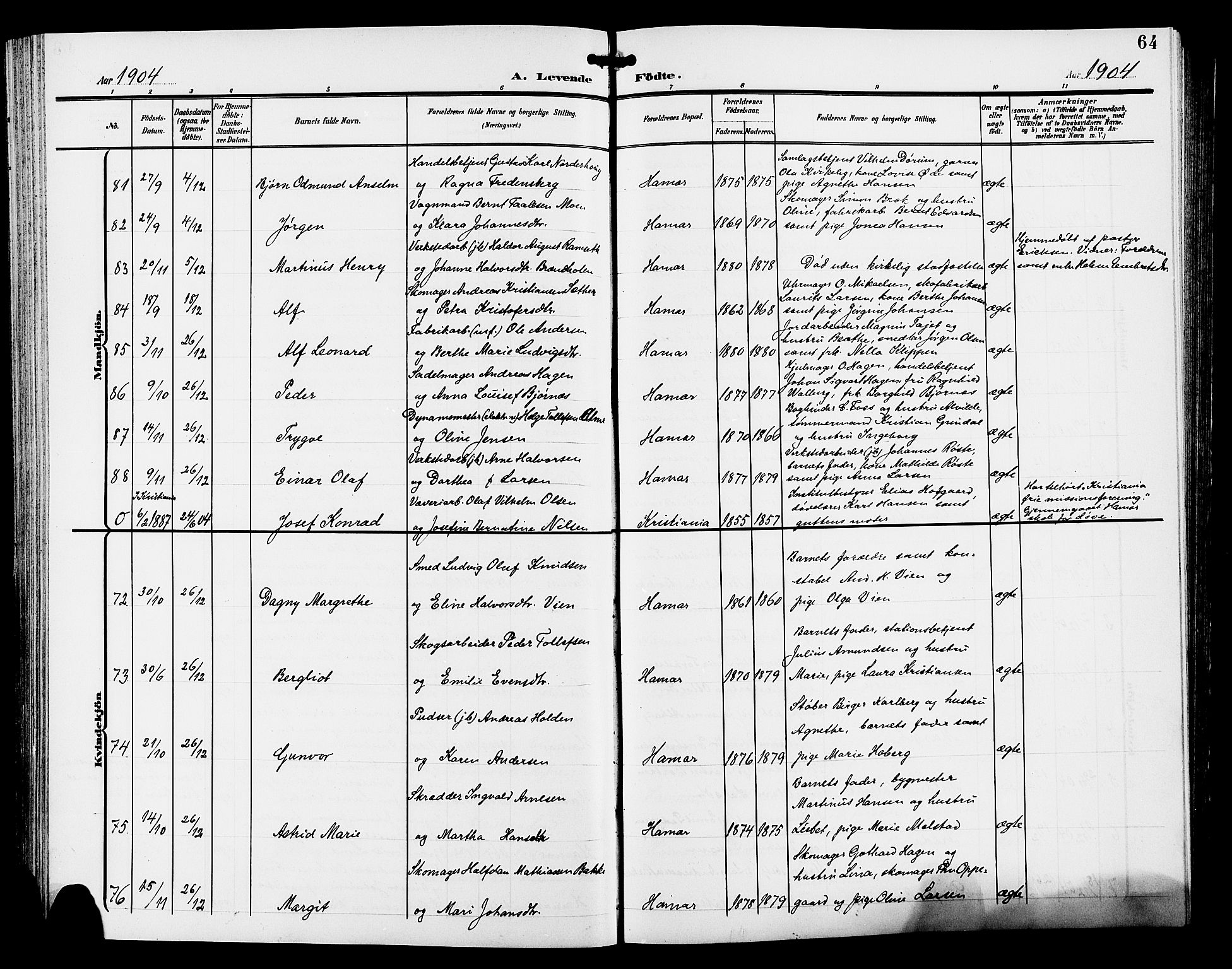 Hamar prestekontor, AV/SAH-DOMPH-002/H/Ha/Hab/L0001: Parish register (copy) no. 1, 1899-1914, p. 64