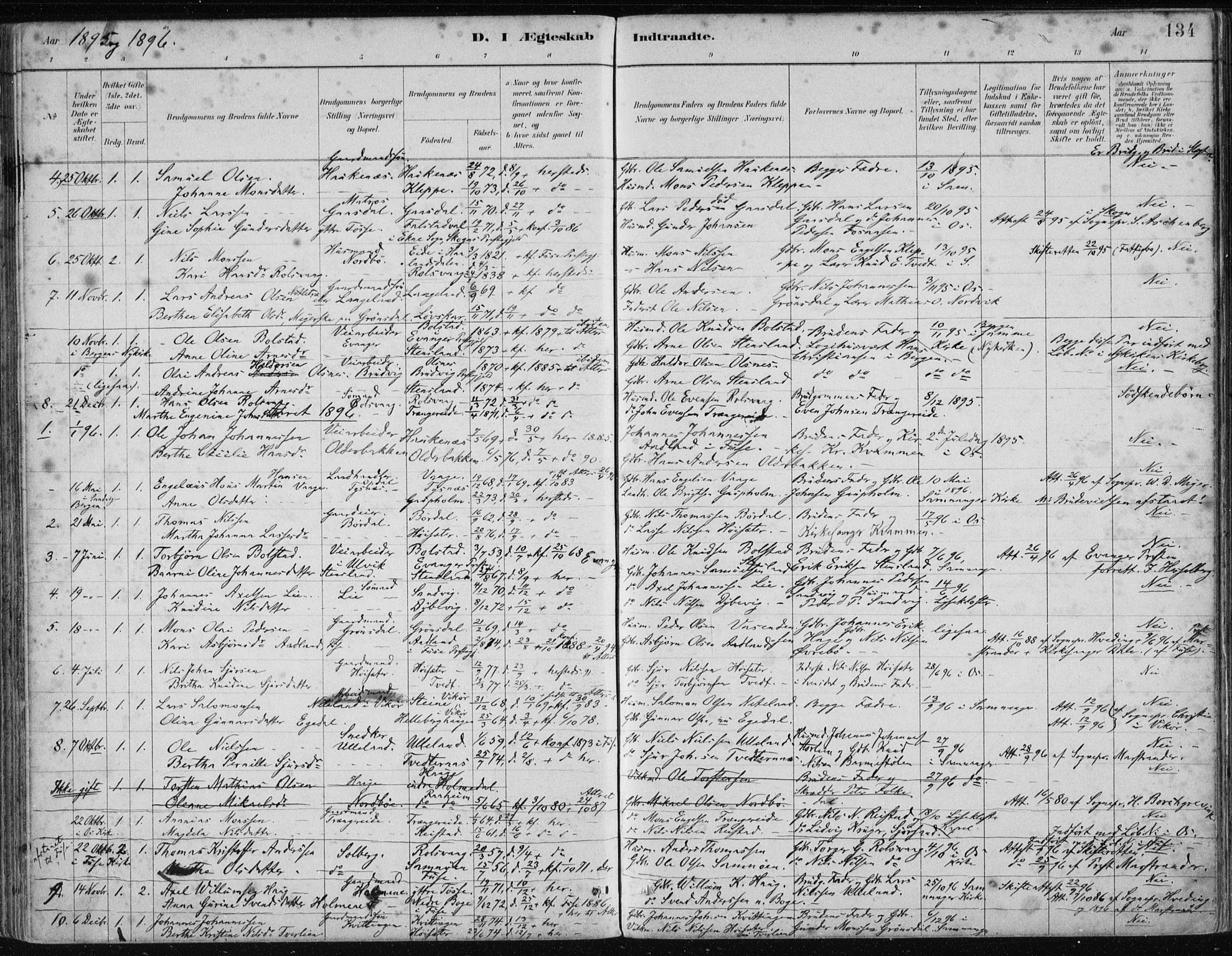 Samnanger Sokneprestembete, SAB/A-77501/H/Haa: Parish register (official) no. A 1, 1885-1901, p. 134