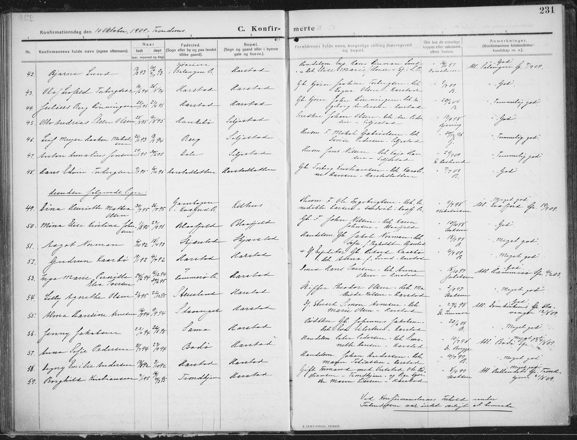 Trondenes sokneprestkontor, SATØ/S-1319/H/Ha/L0018kirke: Parish register (official) no. 18, 1909-1918, p. 231