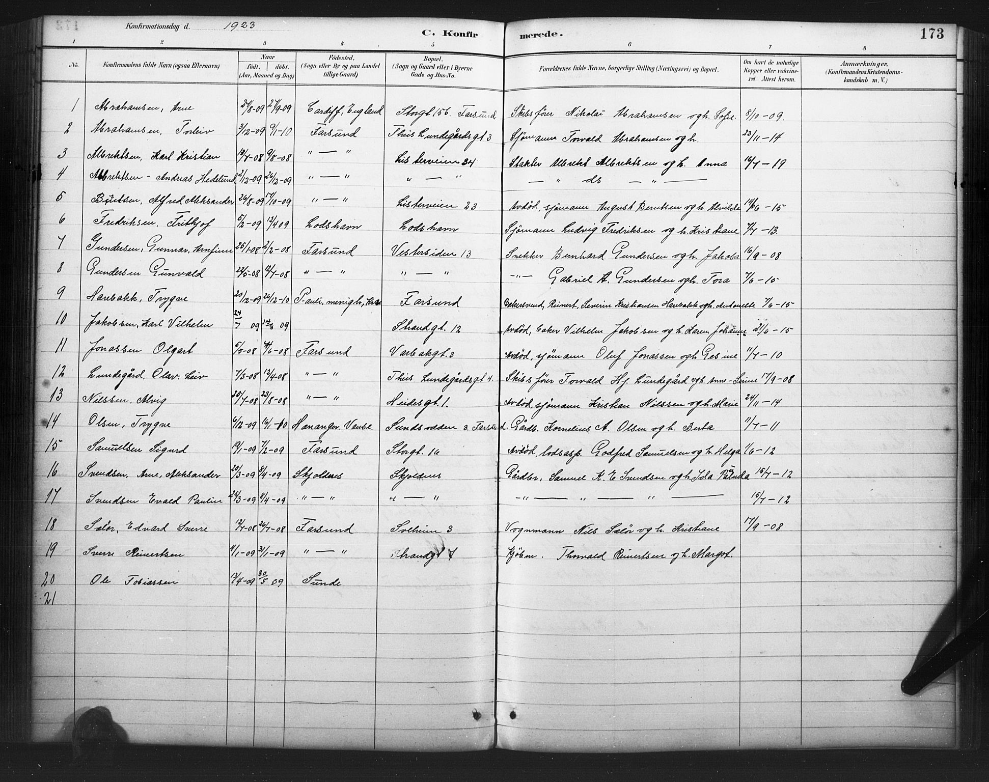 Farsund sokneprestkontor, AV/SAK-1111-0009/F/Fb/L0001: Parish register (copy) no. B 1, 1886-1931, p. 173