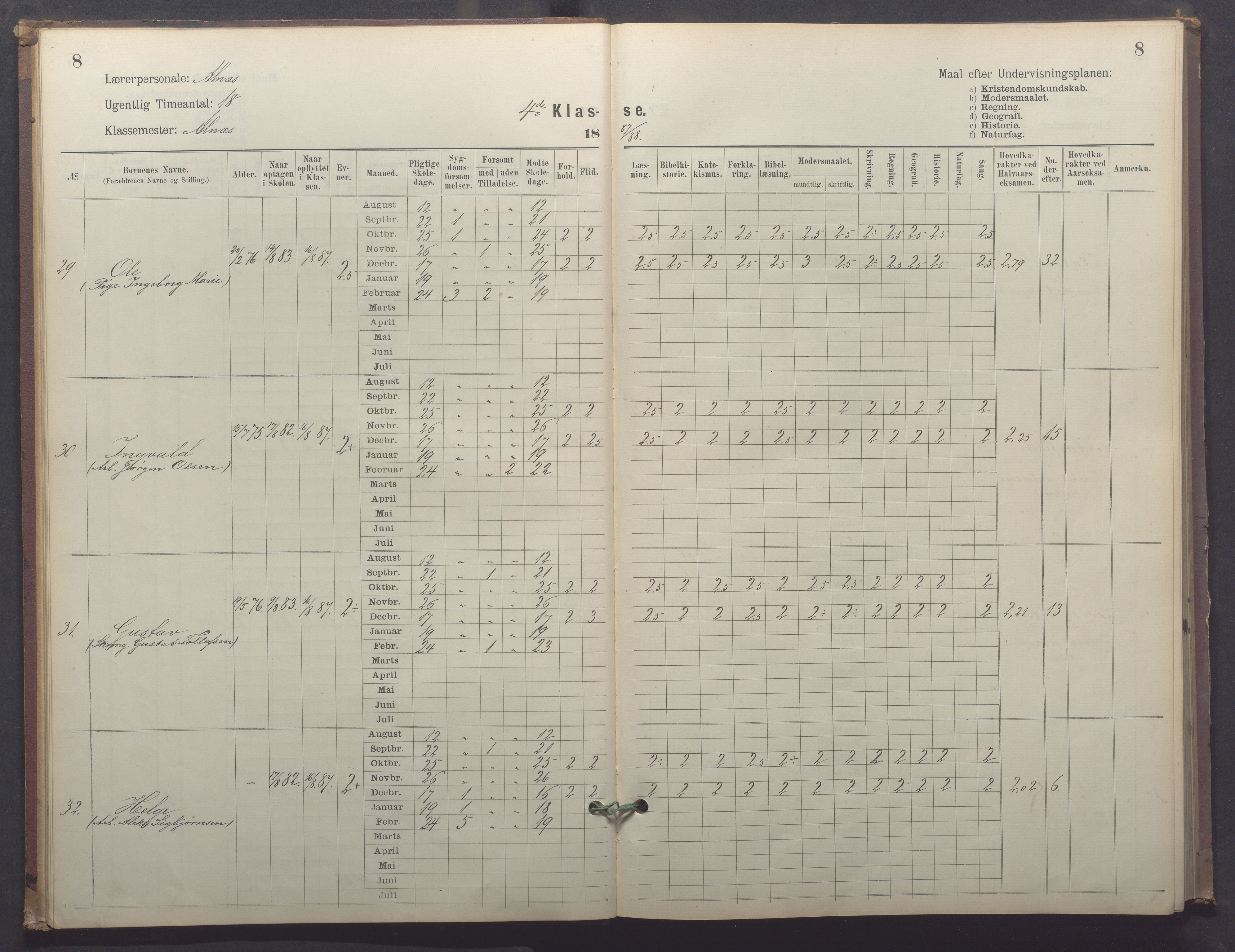 Egersund kommune (Ladested) - Egersund almueskole/folkeskole, IKAR/K-100521/H/L0025: Skoleprotokoll - Almueskolen, 4. klasse, 1887-1892, p. 8