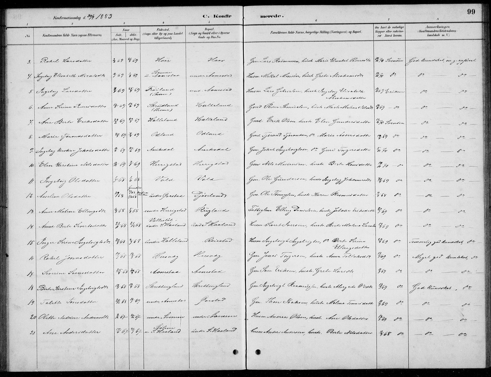 Hå sokneprestkontor, AV/SAST-A-101801/001/30BB/L0004: Parish register (copy) no. B 4, 1883-1899, p. 99