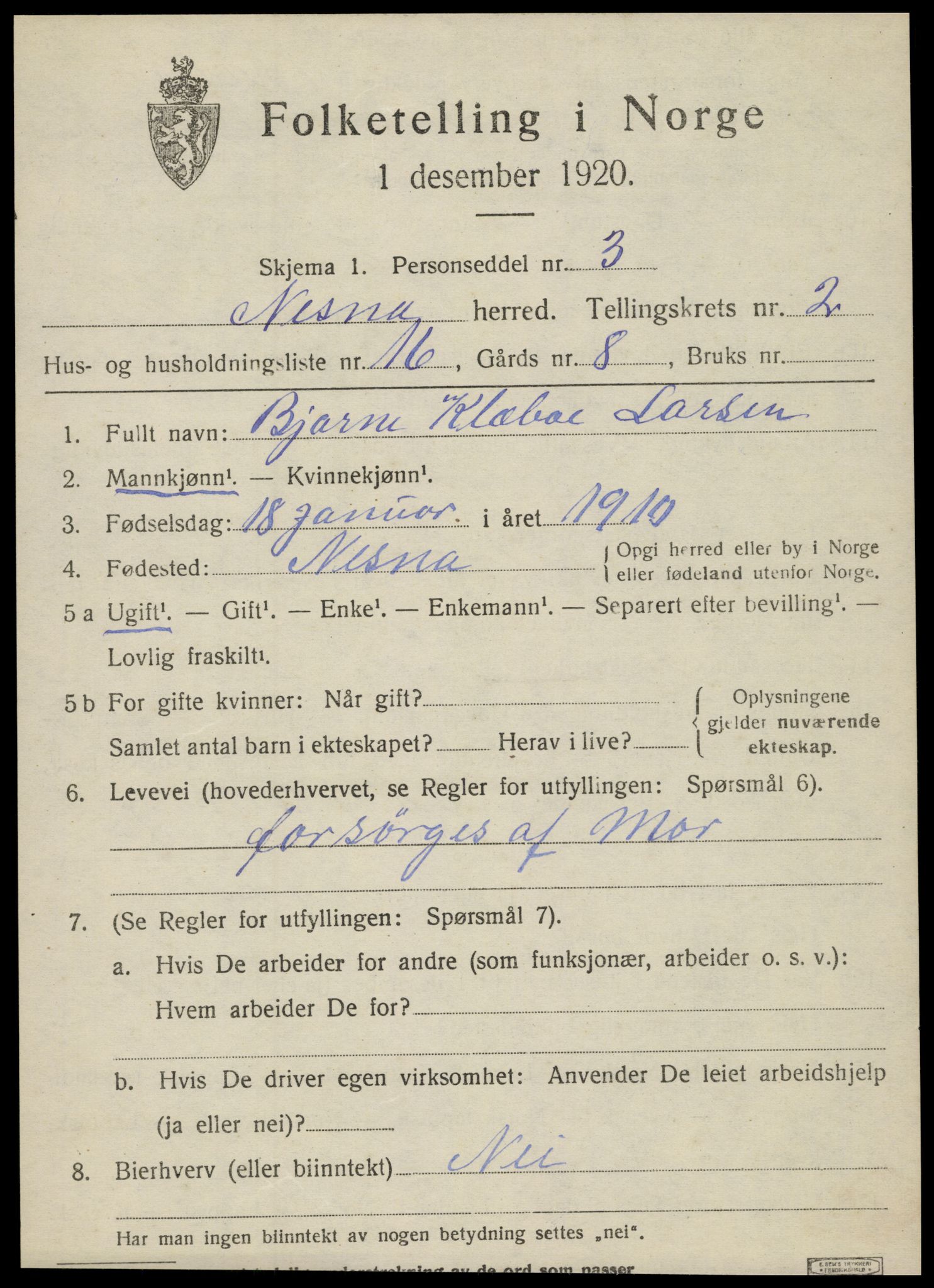 SAT, 1920 census for Nesna, 1920, p. 1919