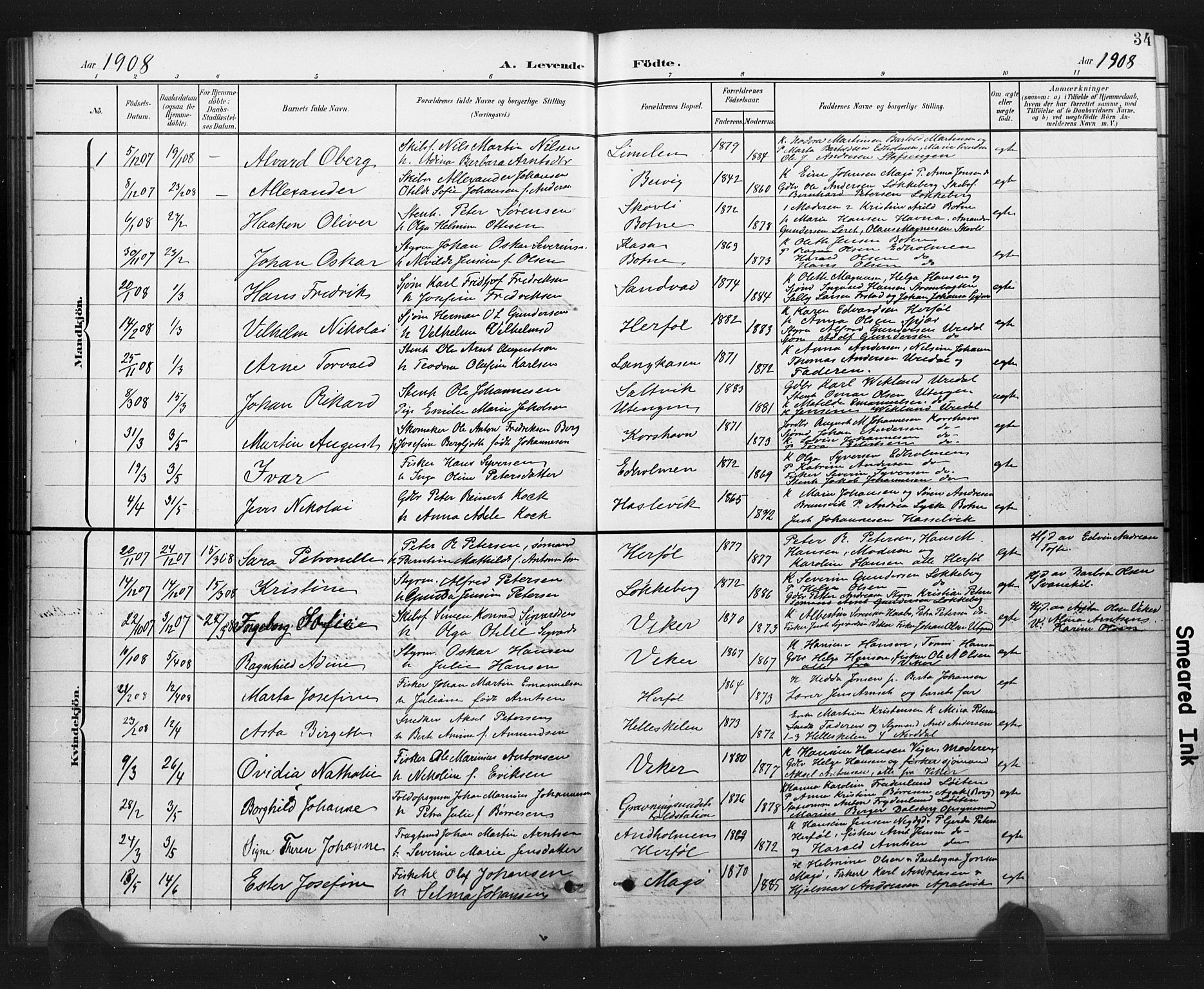 Hvaler prestekontor Kirkebøker, AV/SAO-A-2001/G/Ga/L0001: Parish register (copy) no. I 1, 1901-1930, p. 34