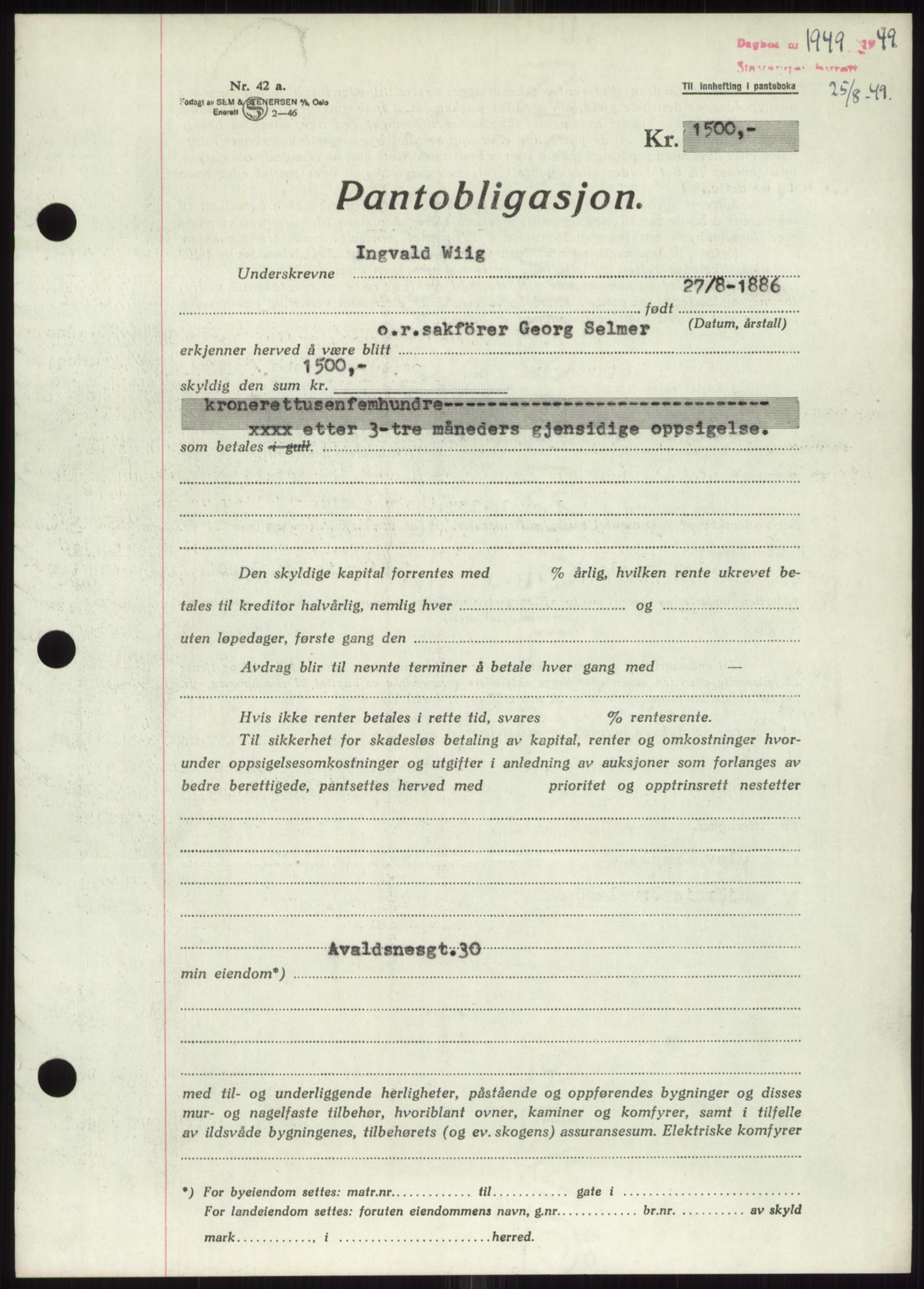 Stavanger byrett, SAST/A-100455/002/G/Gb/L0032: Mortgage book, 1947-1950, Diary no: : 1949/1949